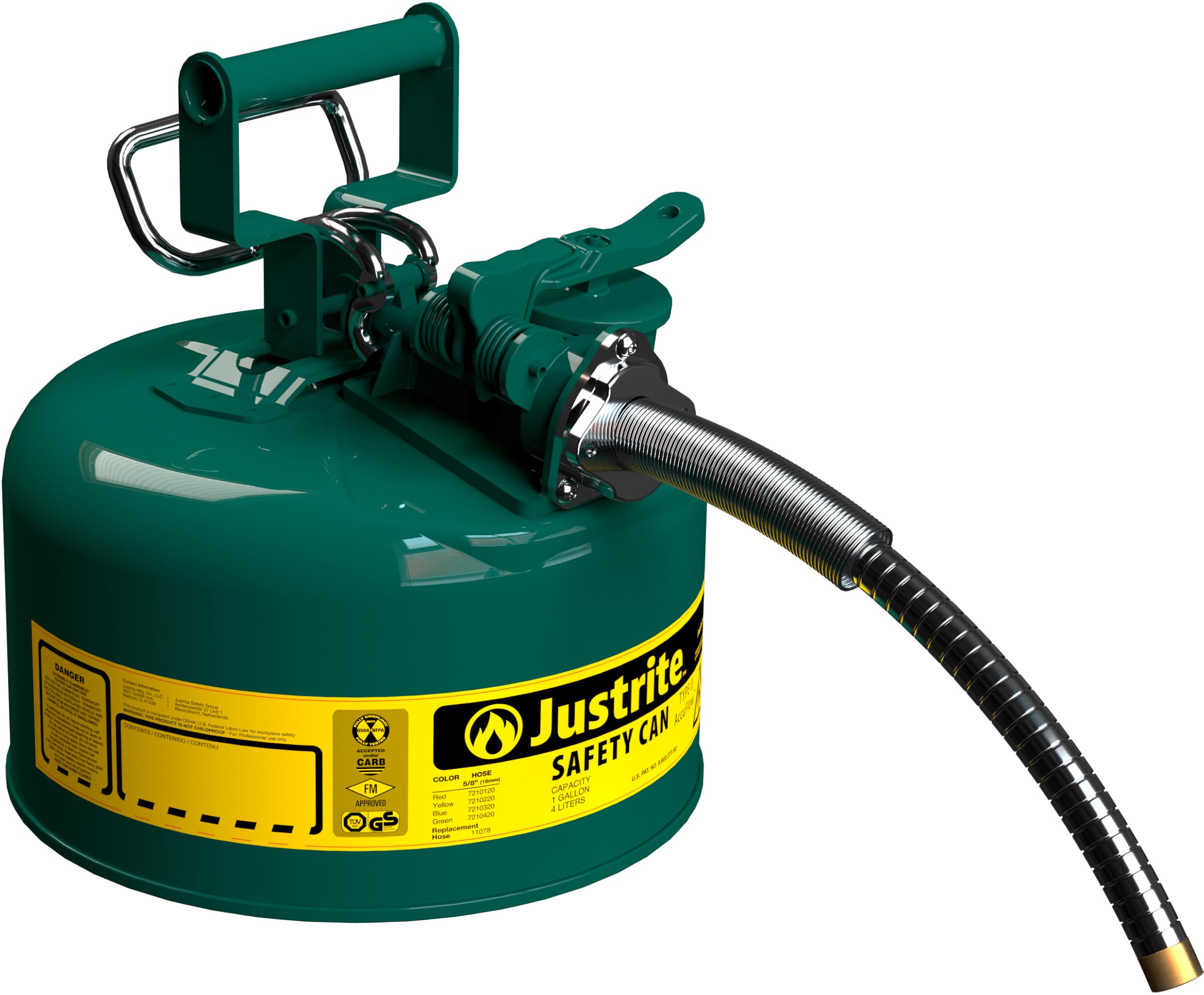 Justrite 1 Gallon Green Type II Safety Can for Oil with Flame Arrester, Self-Closing Lid, and 5/8" Flexible Metal Spout, Made in the USA, Galvanized Steel Flammable Storage Can, 7210420
