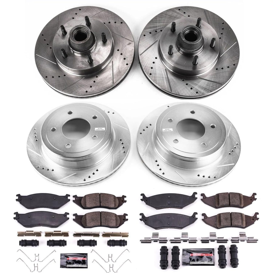 Power Stop K4021 Z23 Carbon Fiber Brake Pads Front and Rear with Drilled & Slotted Brake Rotors Kit For Ford E-150 2004-2006, Ford E-150 Club Wagon 2004-2005 [Model Specific]