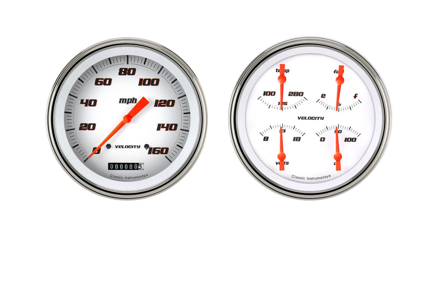 Velocity White Classic Instruments VS52WSLF Direct Fit Gauge Package 4 5/8" Speedometer and Quad Gauge