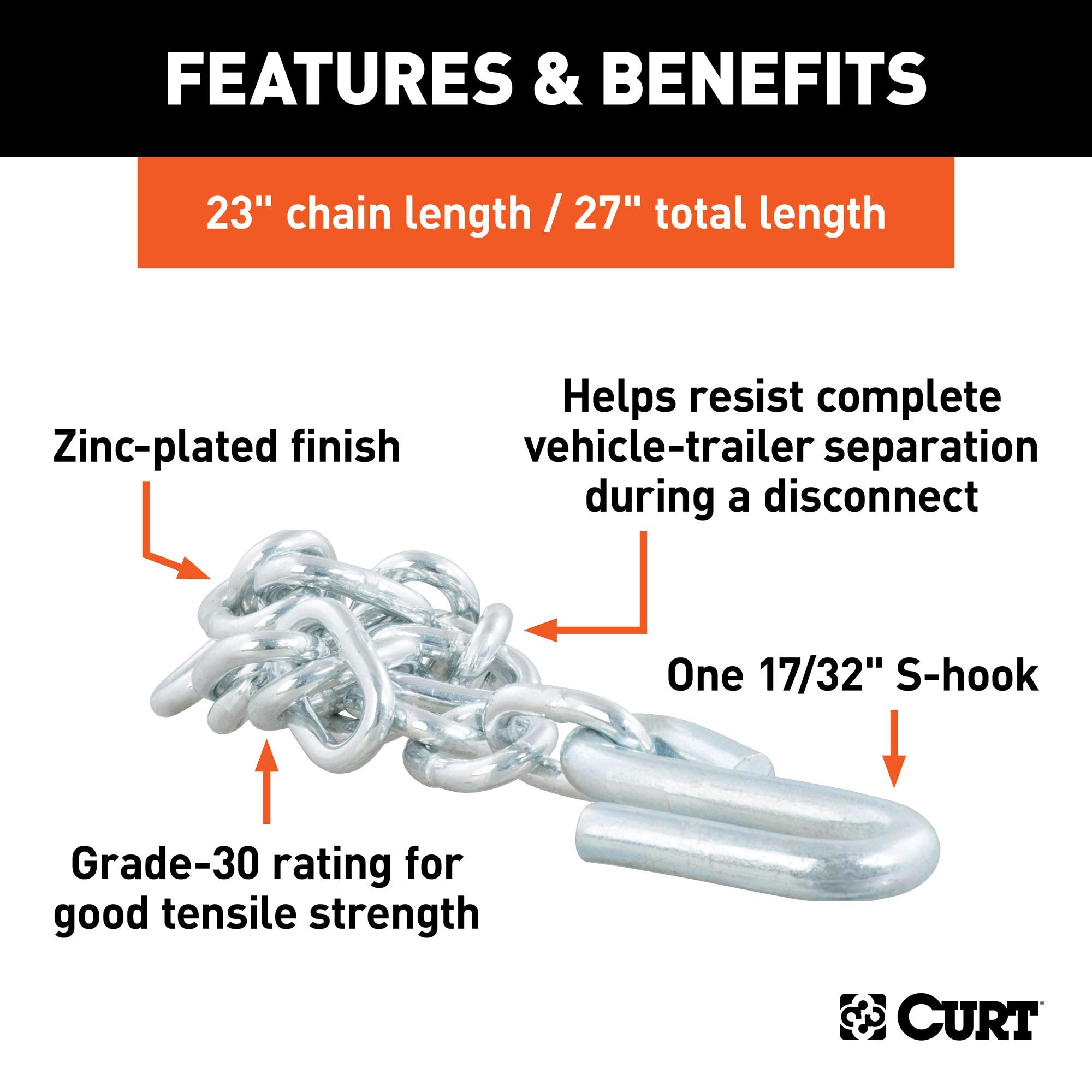 27-Inch CURT Trailer Safety Chain with 17/32-In S-Hook, 7,000 lbs Break Strength