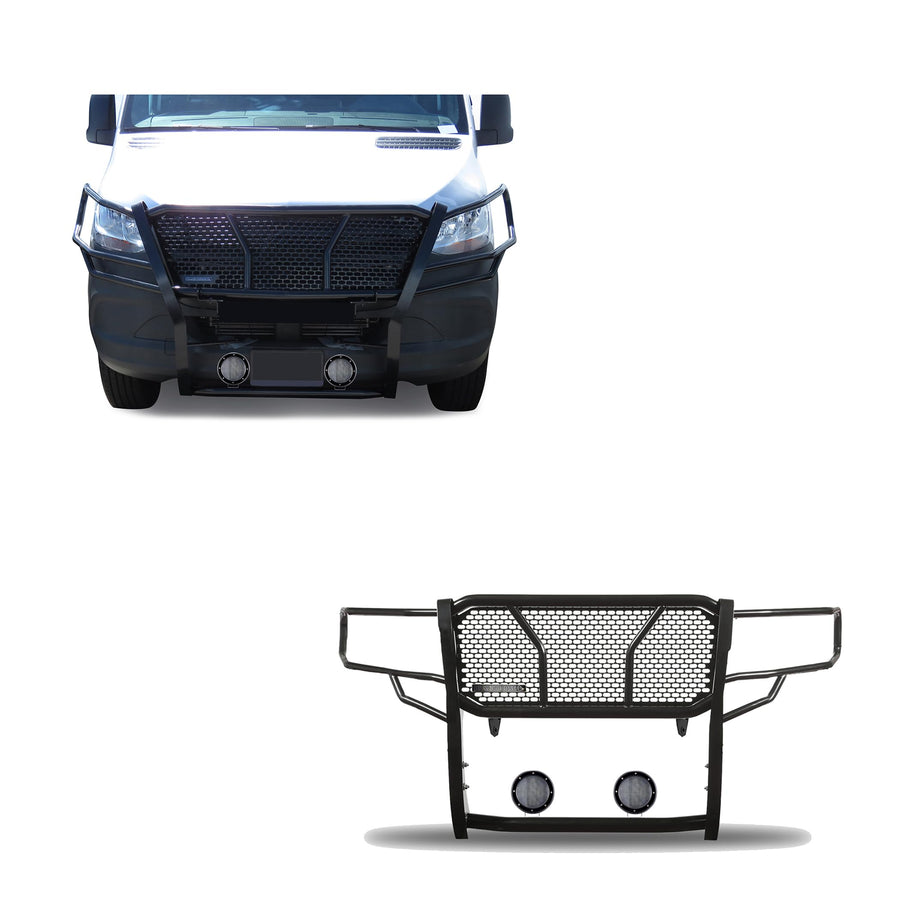 Heavy Duty Black Horse Rugged Grille Brush Bumper Guard Modular Come with Pair of 5.3" LED Lights Compatible with 2019-2025 Dodge Sprinter-Benz Sprinter 1500/2500/3500-RU-DOSP19-B-PLFB