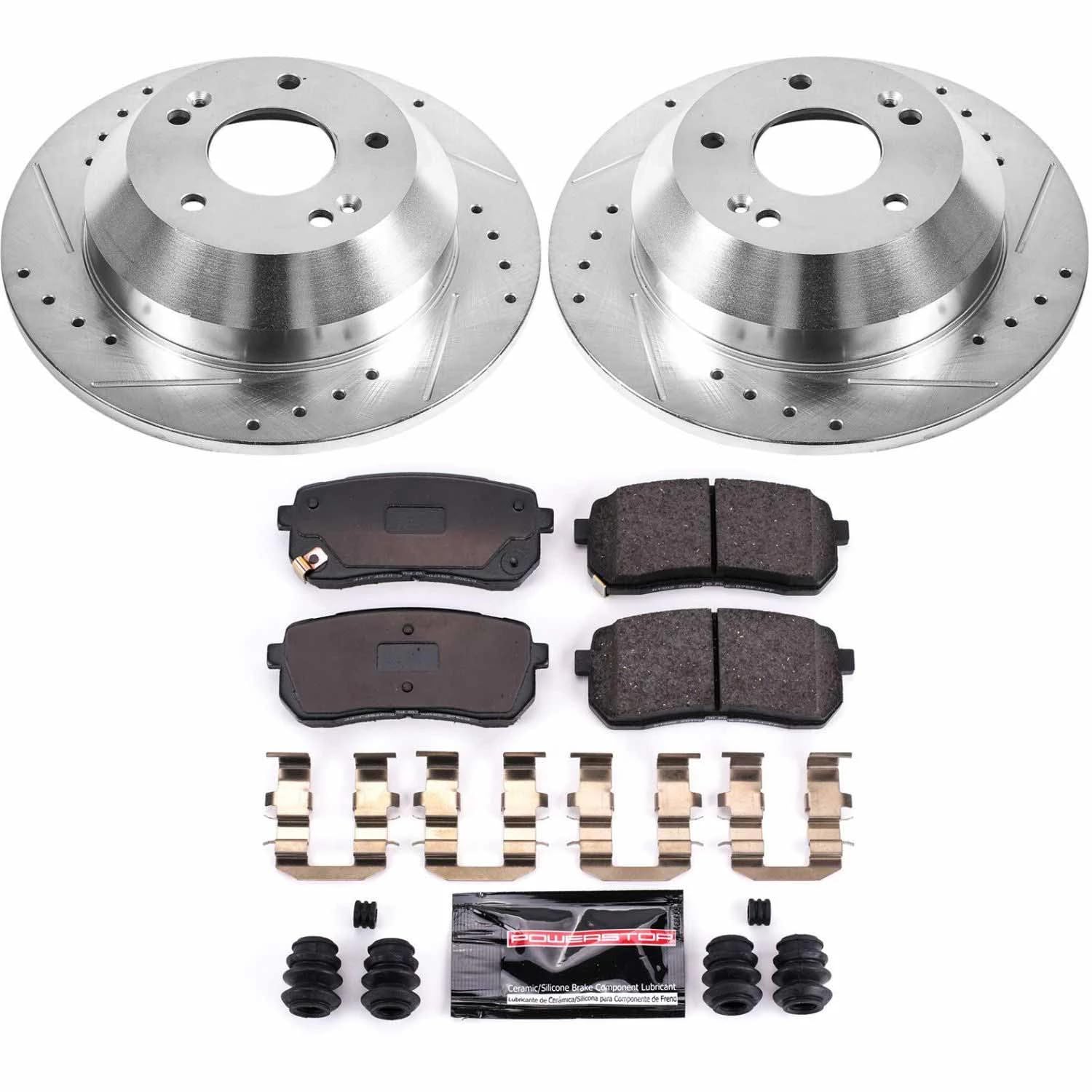 Rear Power Stop K7213 Z23 Carbon Fiber Brake Pads with Drilled & Slotted Brake Rotors Kit For Kia Sedona 2015-2021 [Model Specific]