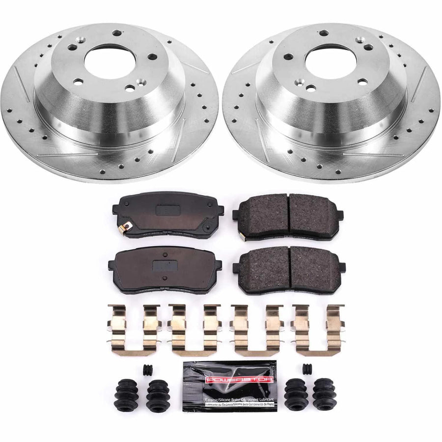 Rear Power Stop K7213 Z23 Carbon Fiber Brake Pads with Drilled & Slotted Brake Rotors Kit For Kia Sedona 2015-2021 [Model Specific]