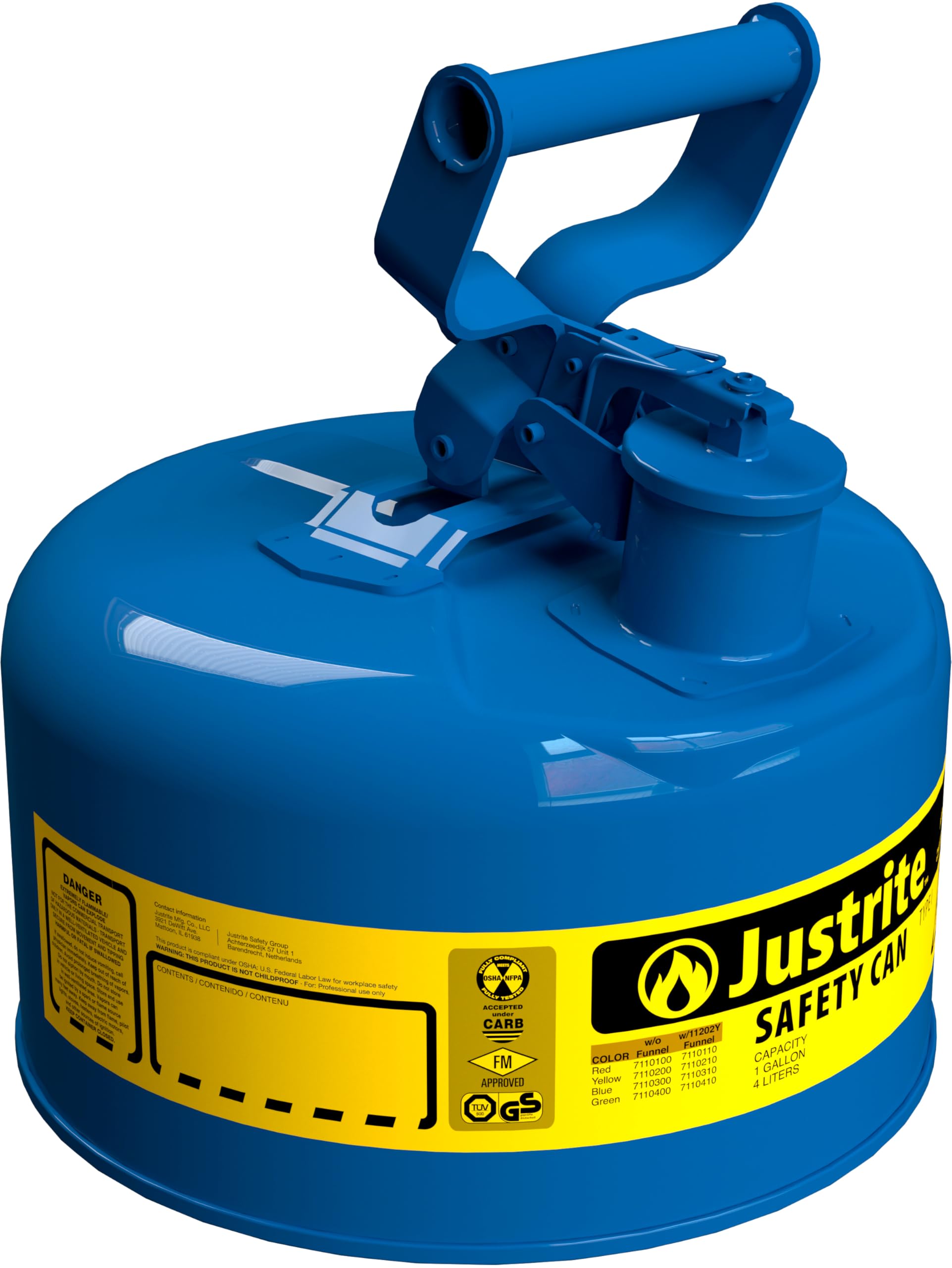 1 Gallon Justrite Type I Blue Safety Can for Kerosene with Flame Arrester and Self-Closing Lid, Made in the USA, Galvanized Steel Flammable Storage Can, 7110300
