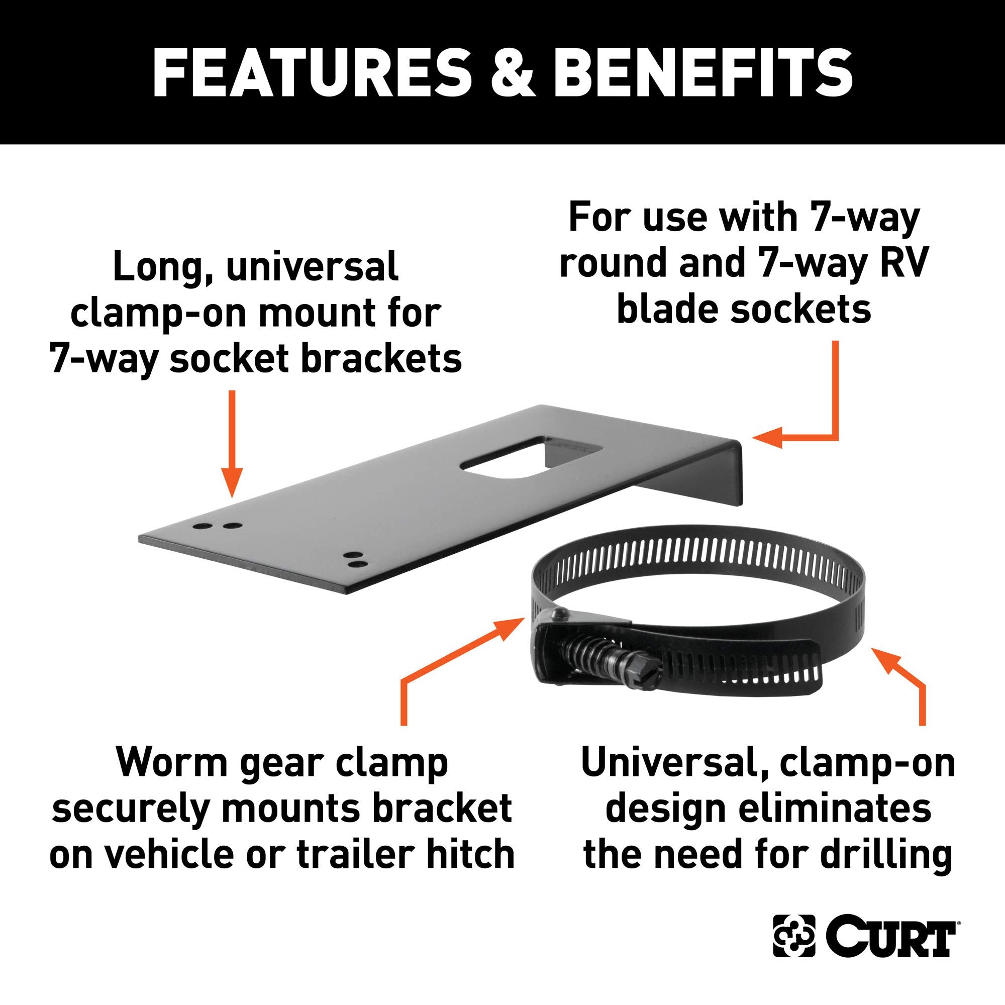 CURT 57202 Trailer Wiring Harness Clamp-On Vehicle-Side Bracket Mount for 7-Way Round or RV Blade