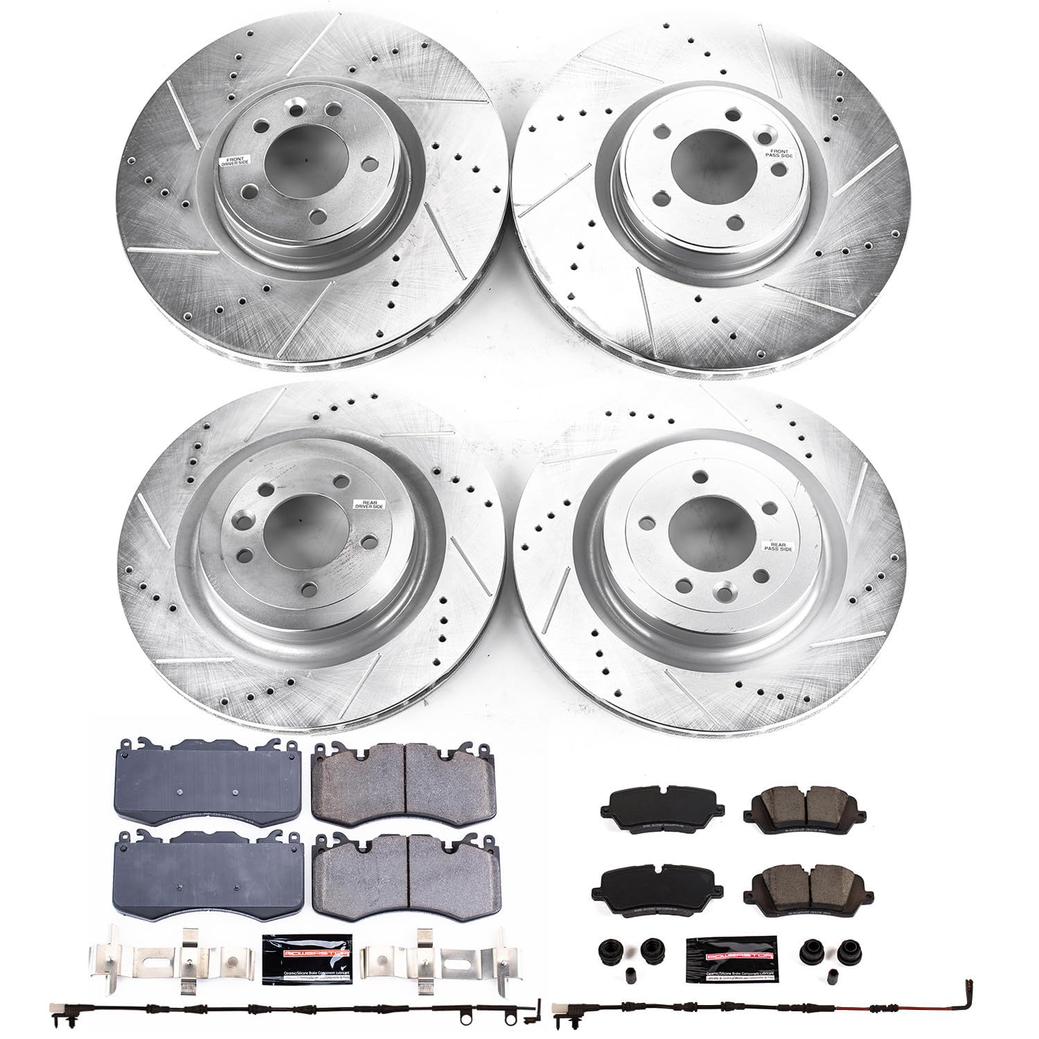 Power Stop K7101 Z23 Carbon Fiber Brake Pads Front and Rear with Drilled & Slotted Brake Rotors Kit and 1 Front & 1 Rear Sensor Wires For Range Rover, Range Rover Sport [Model Specific]