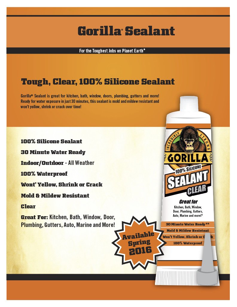 100 Percent Gorilla Silicone Sealant Caulk, 2.8 ounce Squeeze Tube, Clear, (Pack of 6)