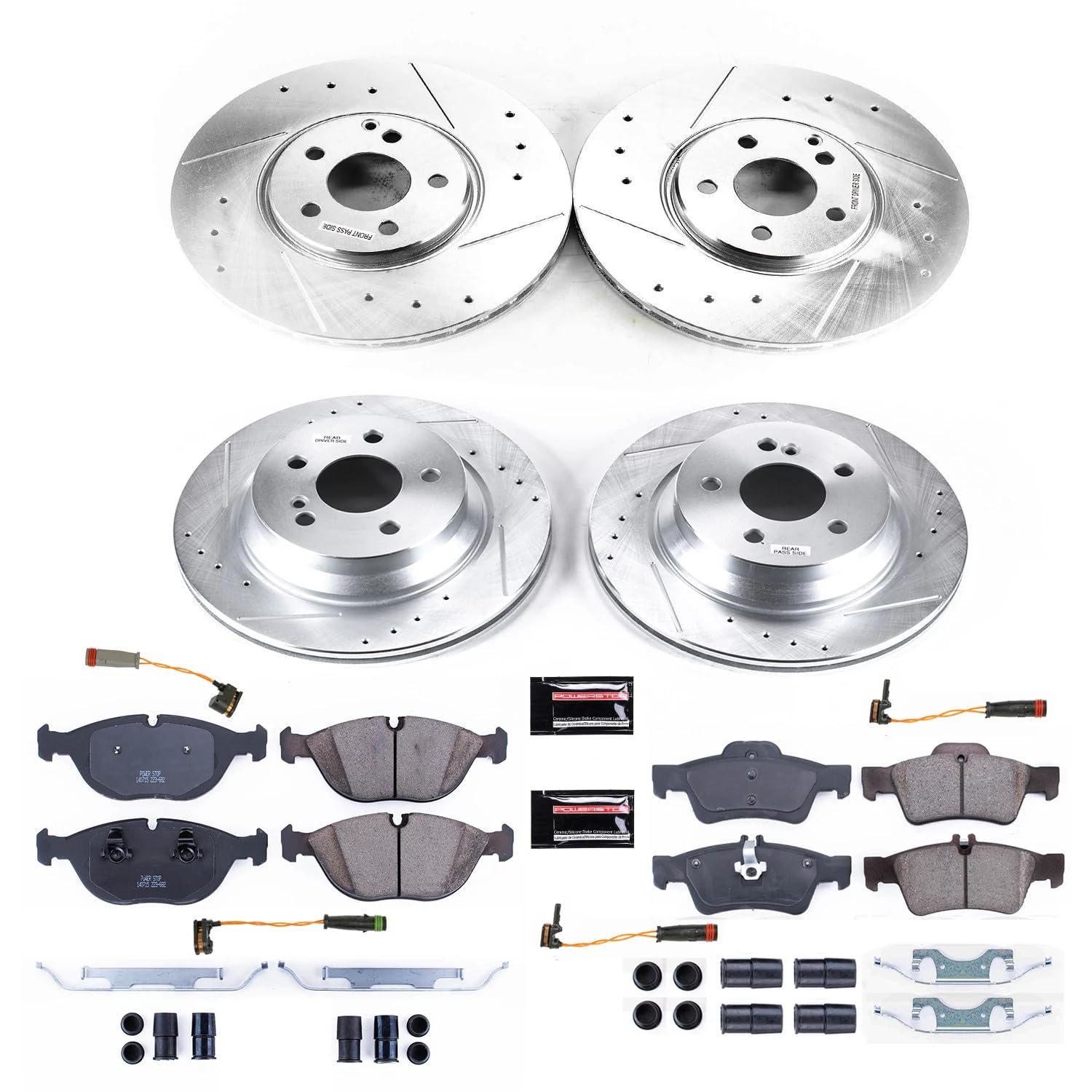 Power Stop K7763 Z23 Carbon Fiber Brake Pads Front and Rear with Drilled & Slotted Brake Rotors Kit For Mercedes-Benz E500 2004-2005 [Model Specific]