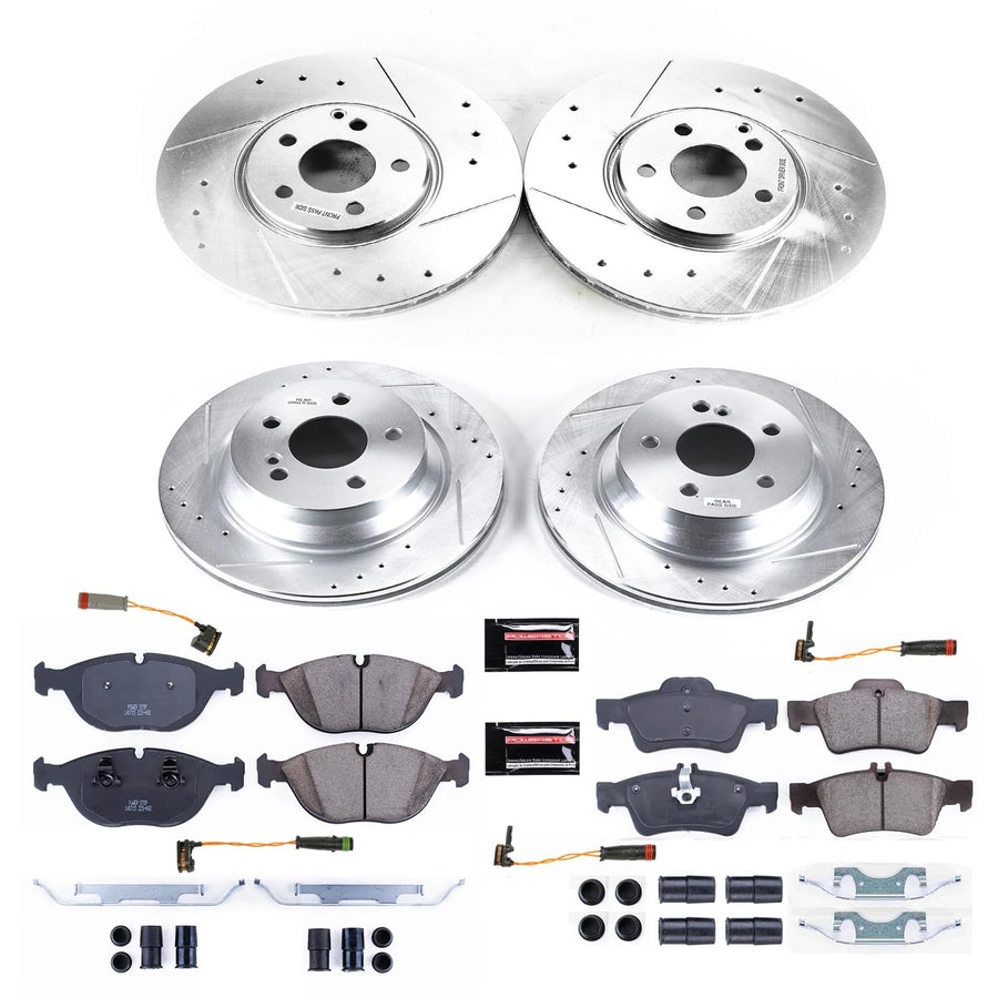 Power Stop K7763 Z23 Carbon Fiber Brake Pads Front and Rear with Drilled & Slotted Brake Rotors Kit For Mercedes-Benz E500 2004-2005 [Model Specific]