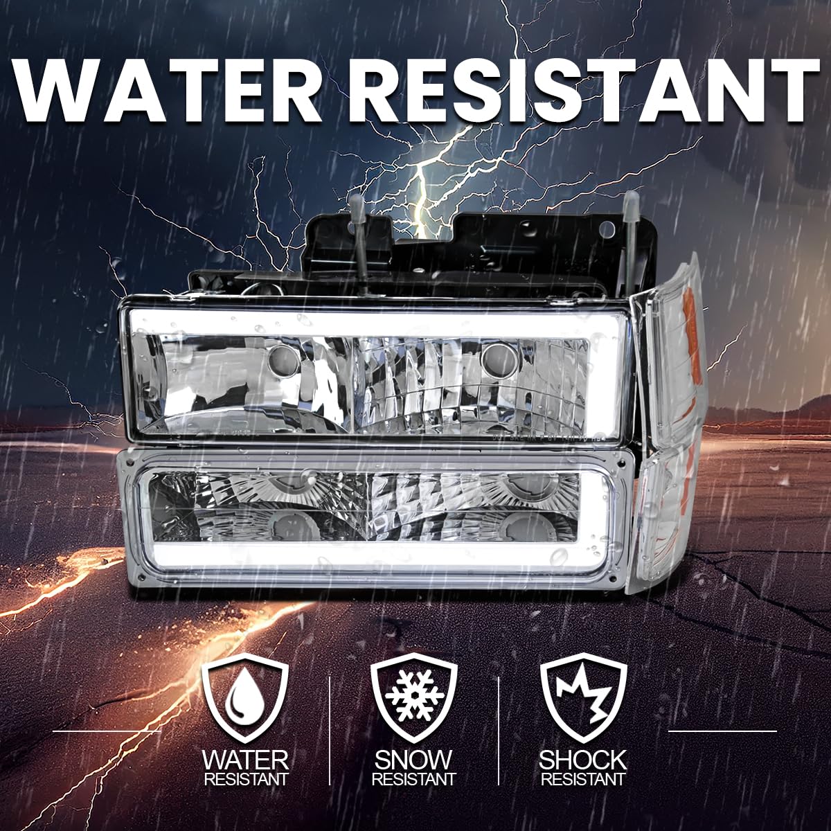 Chrome Headlights + Corner Lights + Bumper Lights w/LED Tube SPEC-D TUNING Compatible with 1994-1998 Chevy C10 C/K Tahoe Suburban
