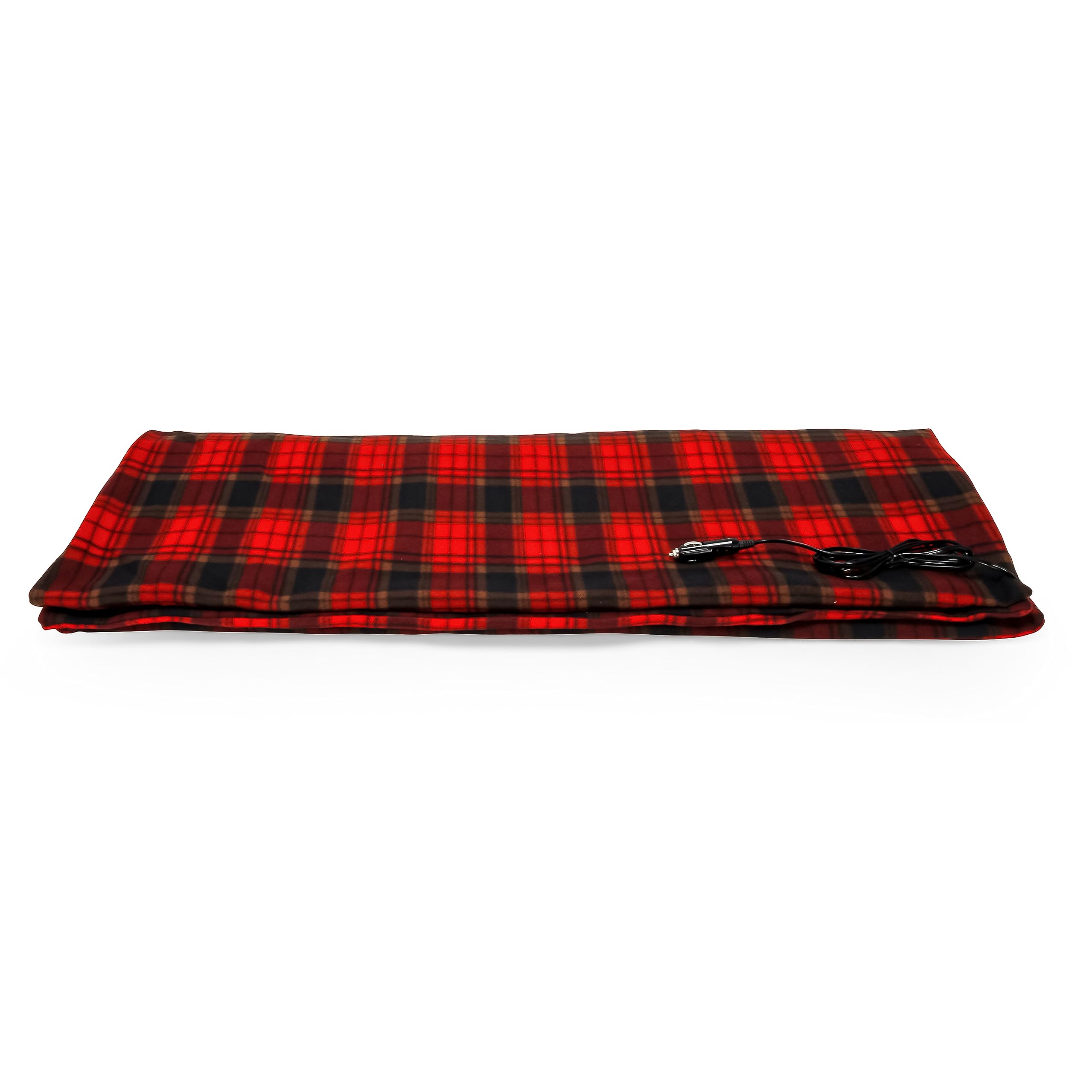 Camco Heated Travel Blanket & RV Car - Electric Blanket Features 7-Ft Power Cord Compatible w/Vehicle 12V Power Outlets - Measures 59” x 43” - Polar Fleece w/Red & Black Plaid Design (42804)