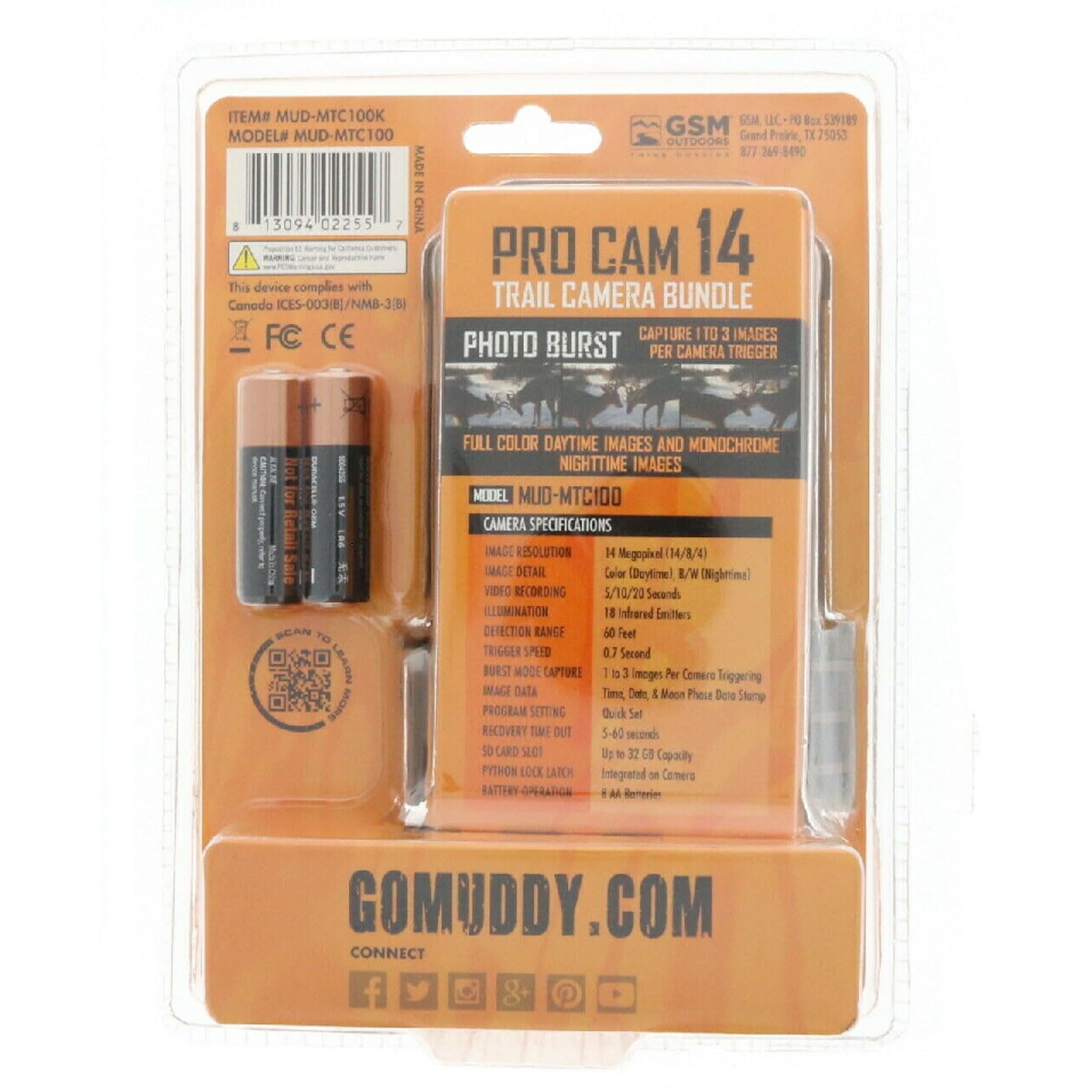 Muddy 14 Pro Cam MTC100K Combo - 14MP & 480 Video at 30FPS 0.7 Sec Trigger Speed 80ft Detection IR Range Durable Hunting Outdoor Scouting Trail Camera, AA Batteries & 16GB Memory Card Included