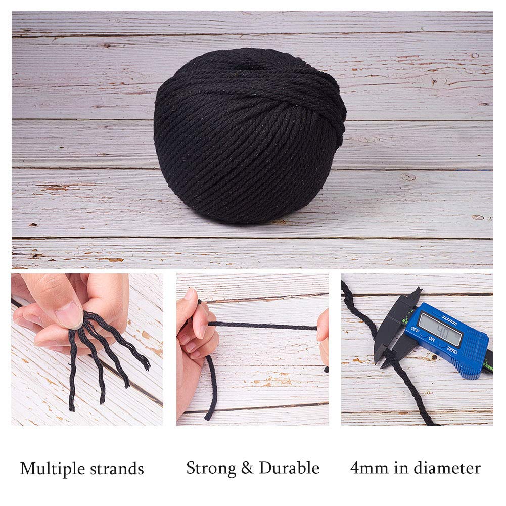 120 Yards JEWELEADER Twisted Natural Cotton Twine 4 Strand Macrame Thread Cord 4mm Soft Knitting Rope Beading String Black for Handmade Decoration Wall Hanging Plant Hanger Crocheting Dream Catcher