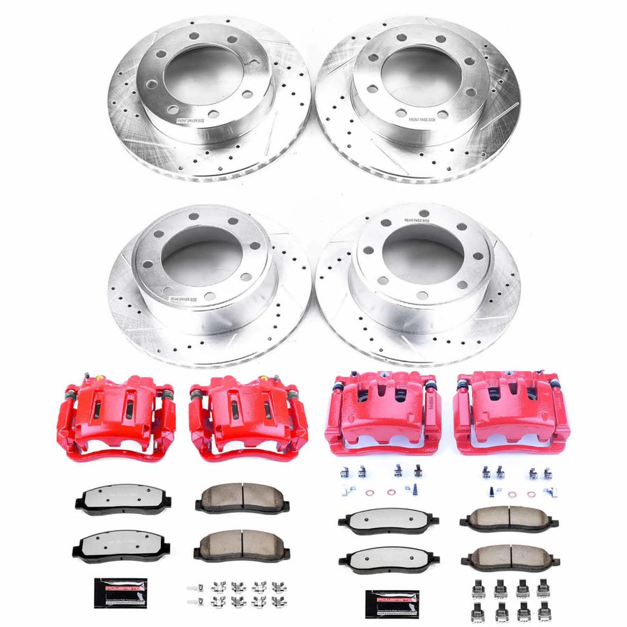 Power Stop KC1782-36 Front and Rear Z36 Truck & Tow Brake Pads and Drilled and Slotted Brake Rotors Brake Kit with Red Powder Coated Calipers For 2005 2006 Ford F250 F350