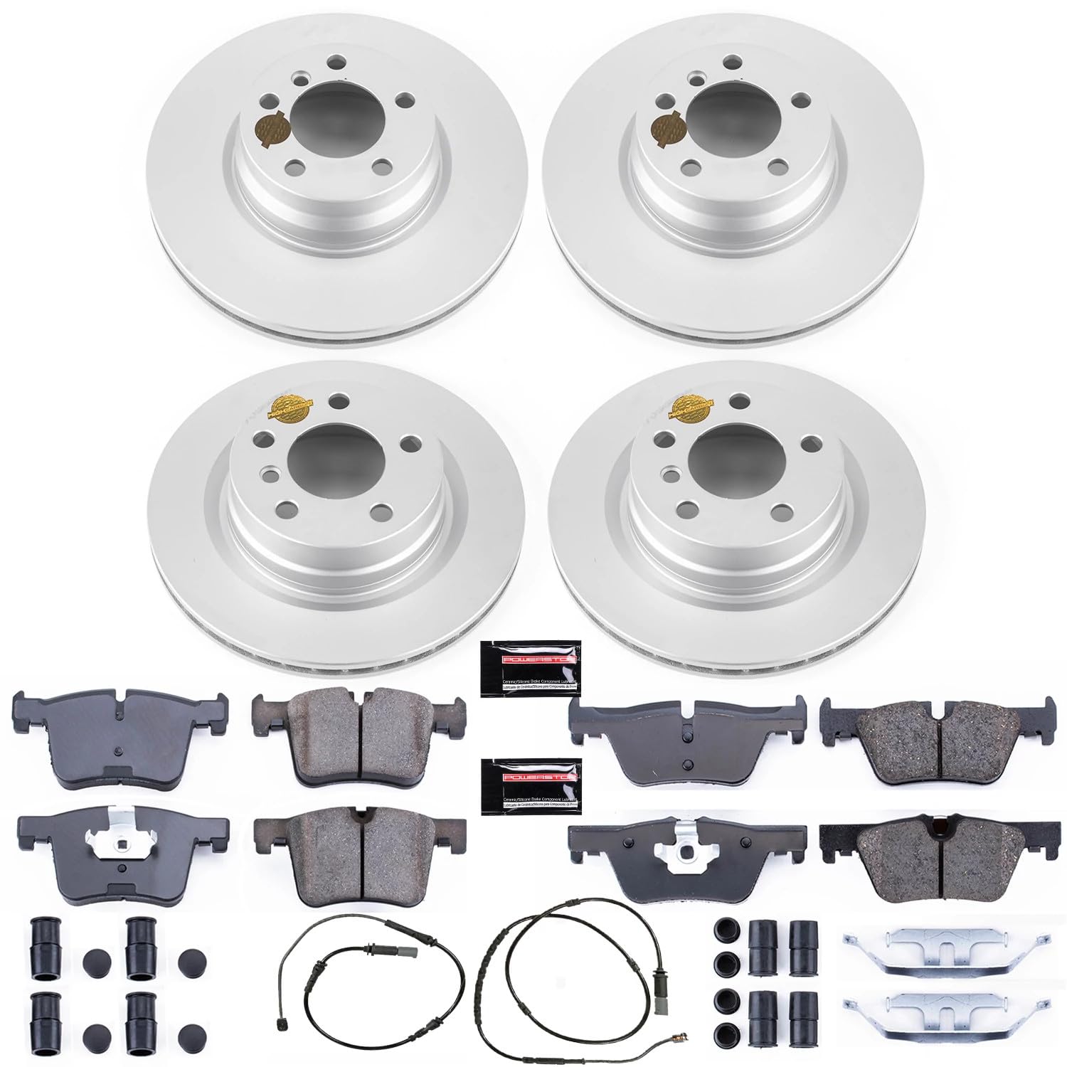Power Stop Z23 Evolution Sport Geomet Coated Brake Kit Front & Rear and 1 Front & 1 Rear Sensor Wires For BMW 228i, BMW 228i xDr, BMW 328i, BMW 428i, BMW 428i xD [Model Specific]