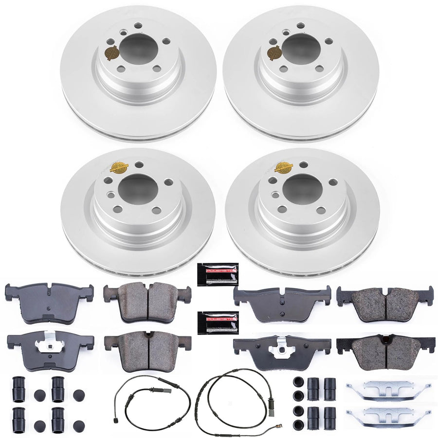 Power Stop Z23 Evolution Sport Geomet Coated Brake Kit Front & Rear and 1 Front & 1 Rear Sensor Wires For BMW 228i, BMW 228i xDr, BMW 328i, BMW 428i, BMW 428i xD [Model Specific]