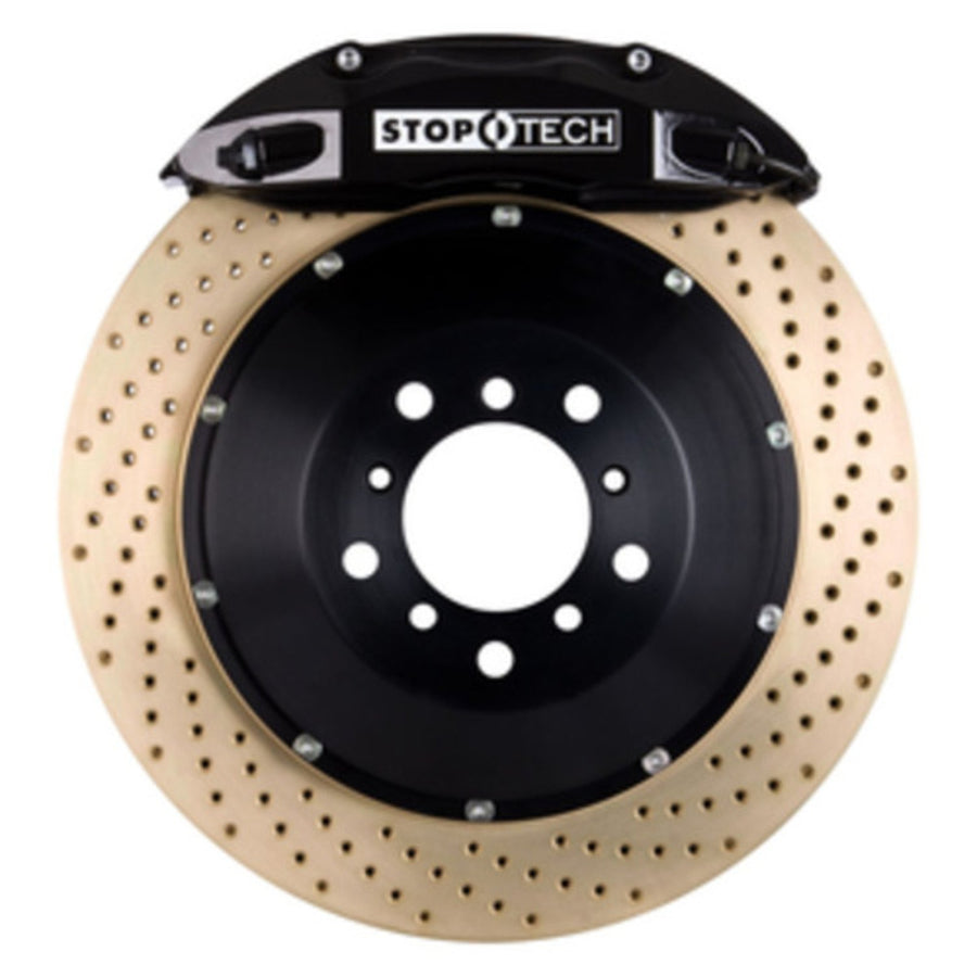 StopTech Big Brake Kit 83.887.4300.54; Black Caliper, Drilled Two-Piece Rotor, Front