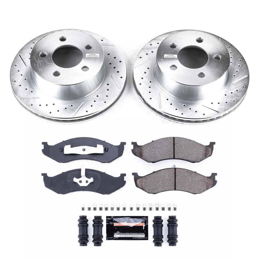 Power Stop K2152 Z23 Carbon Fiber Brake Pads with Drilled and Slotted Brake Rotors Kit For Jeep Cherokee Wrangler XJ