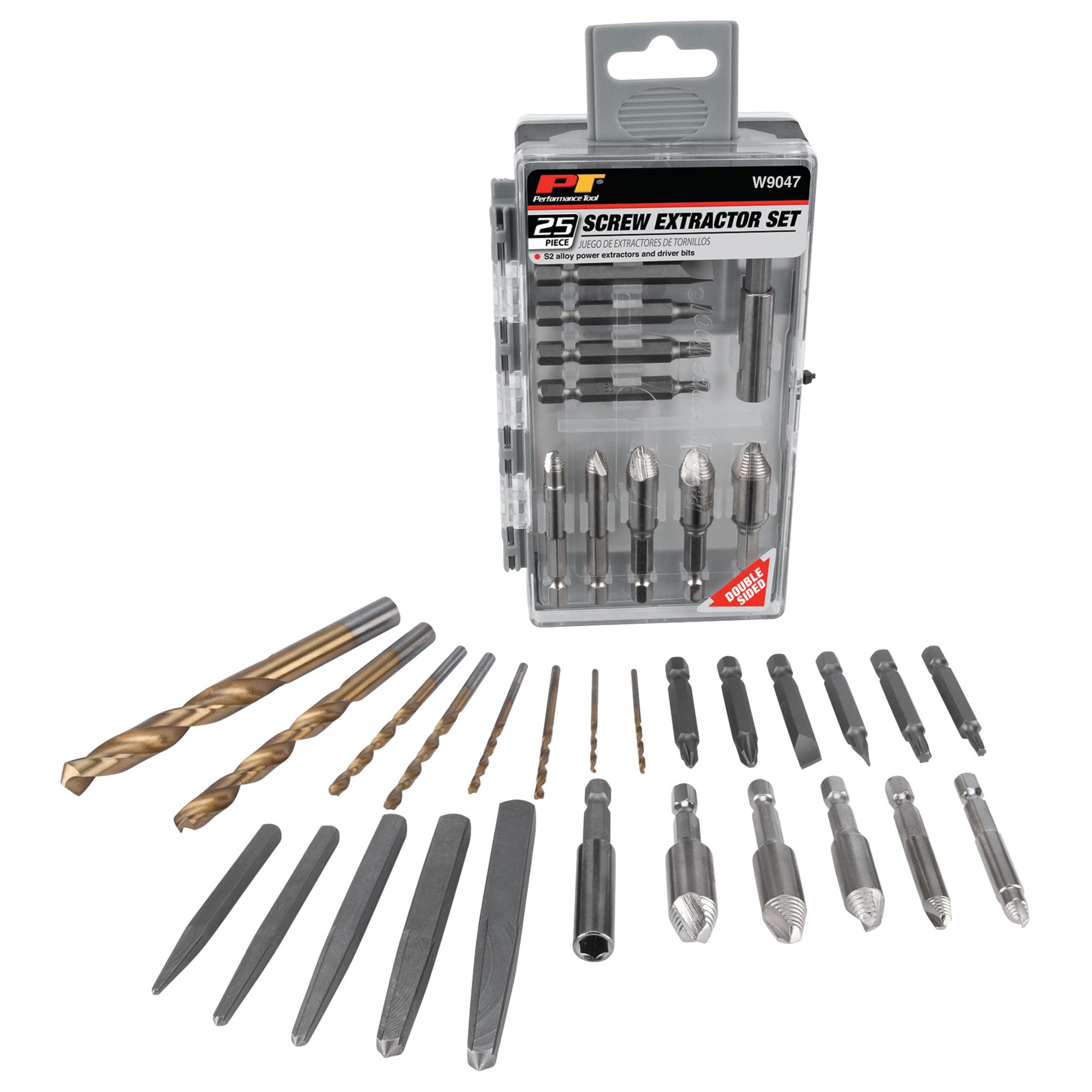 25pc Performance Tool W9047 Screw Extractor Kit with Power and Straight Flute Extractors, Drill Bits, and Driver Bits in a 2-Sided Flip Case