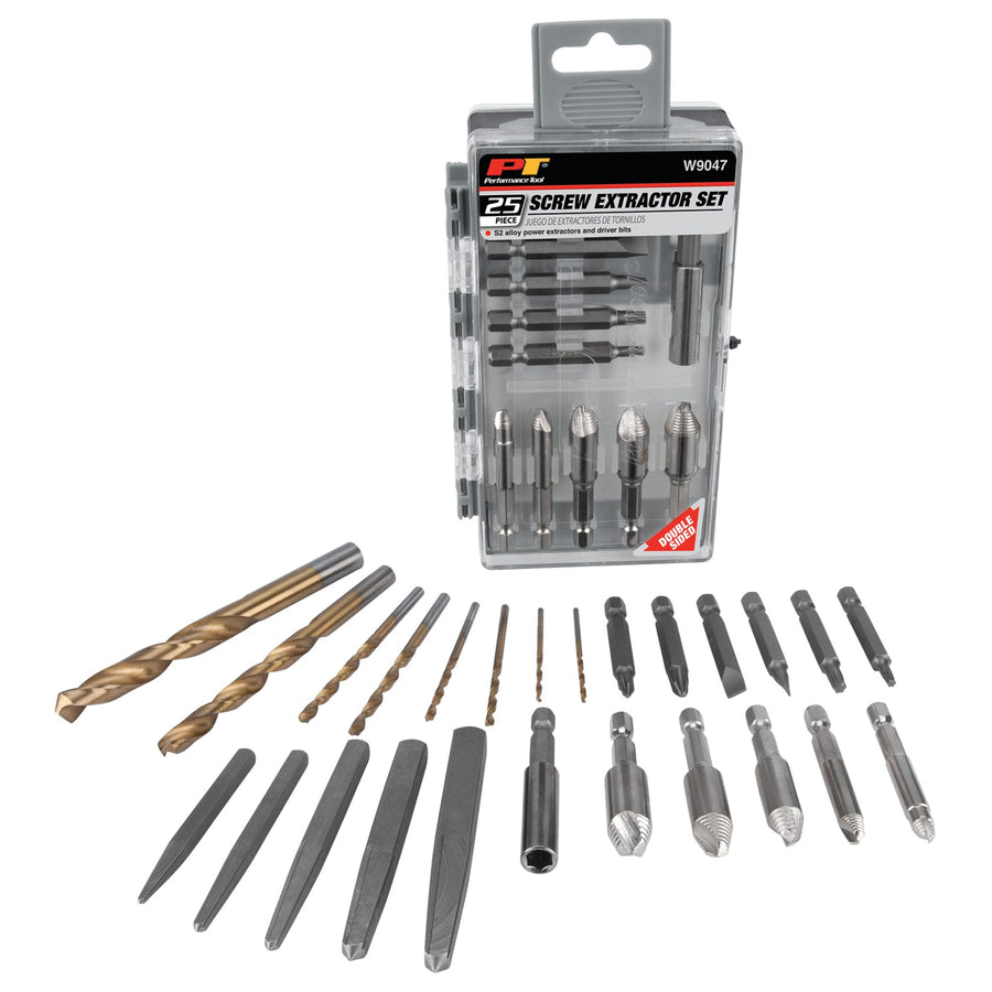 25pc Performance Tool W9047 Screw Extractor Kit with Power and Straight Flute Extractors, Drill Bits, and Driver Bits in a 2-Sided Flip Case