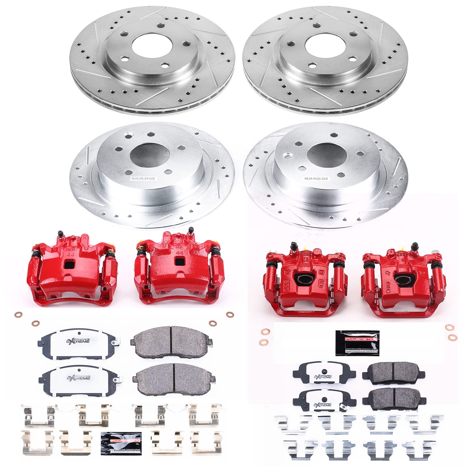 Power Stop Z26 KC6960A-26 Brake Pad and Rotor Kit Front and Rear with Red Powder Coated Calipers For Nissan Sentra 2013-2018 [Model Specific]