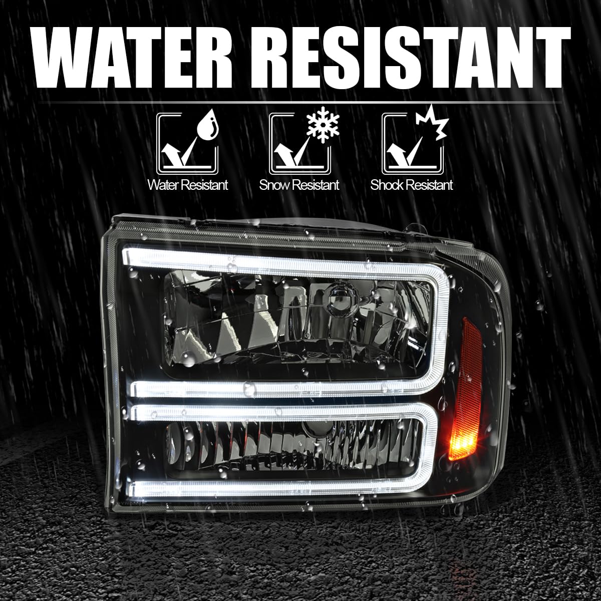 Black Smoke SPEC-D TUNING Headlights with LED Bar Compatible with 1999-2004 Ford F-250, F-350, F-450 SuperDuty, 2000-2004 Excursion, Left + Right Head Lights Assembly
