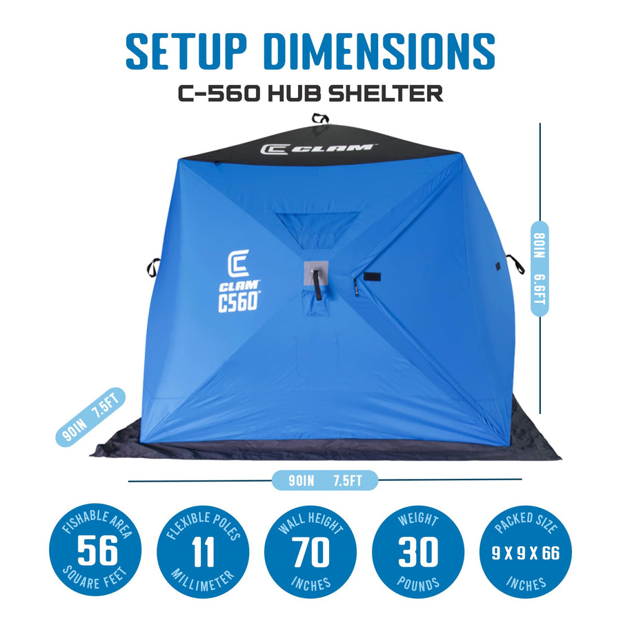 CLAM 14476 C-560 Portable Pop Up Ice Fishing Angler Hub Shelter Tent 3 to 4 Person 7.5 Foot with Anchors, Tie Ropes, and Carrying Bag