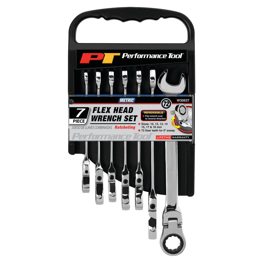 Flex Head Performance Tool W30637 Ratcheting Wrench Set with 180 Degree Pivot, Low Profile Head, and Reusable Storage Rack - 7 Piece Metric Set