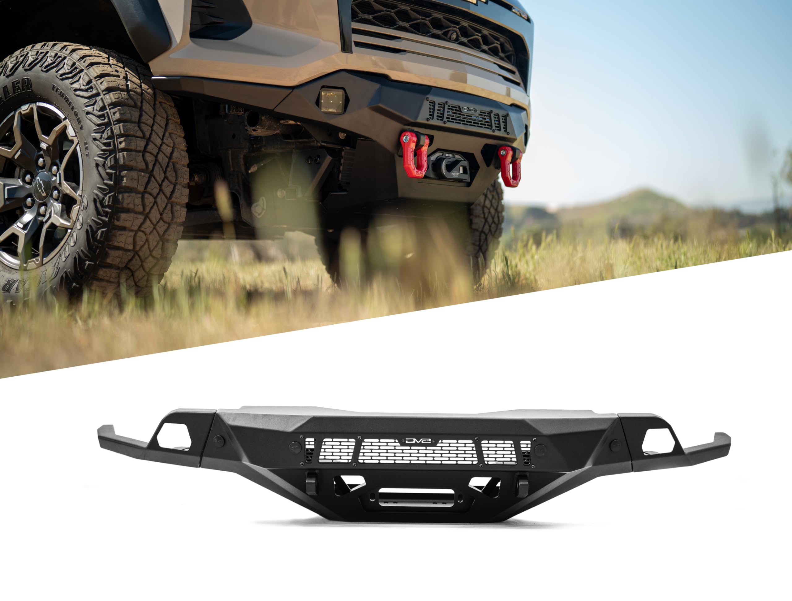 Offroad DV8 Spec Series Front Bumper for 2023-2025 Chevy Colorado ZR2 | High-Clearance Design | 20" Light Bar Mount Behind Mesh Panel | Heavy-Duty Winch Mount | Low-Profile Wings | Full Skid Plate