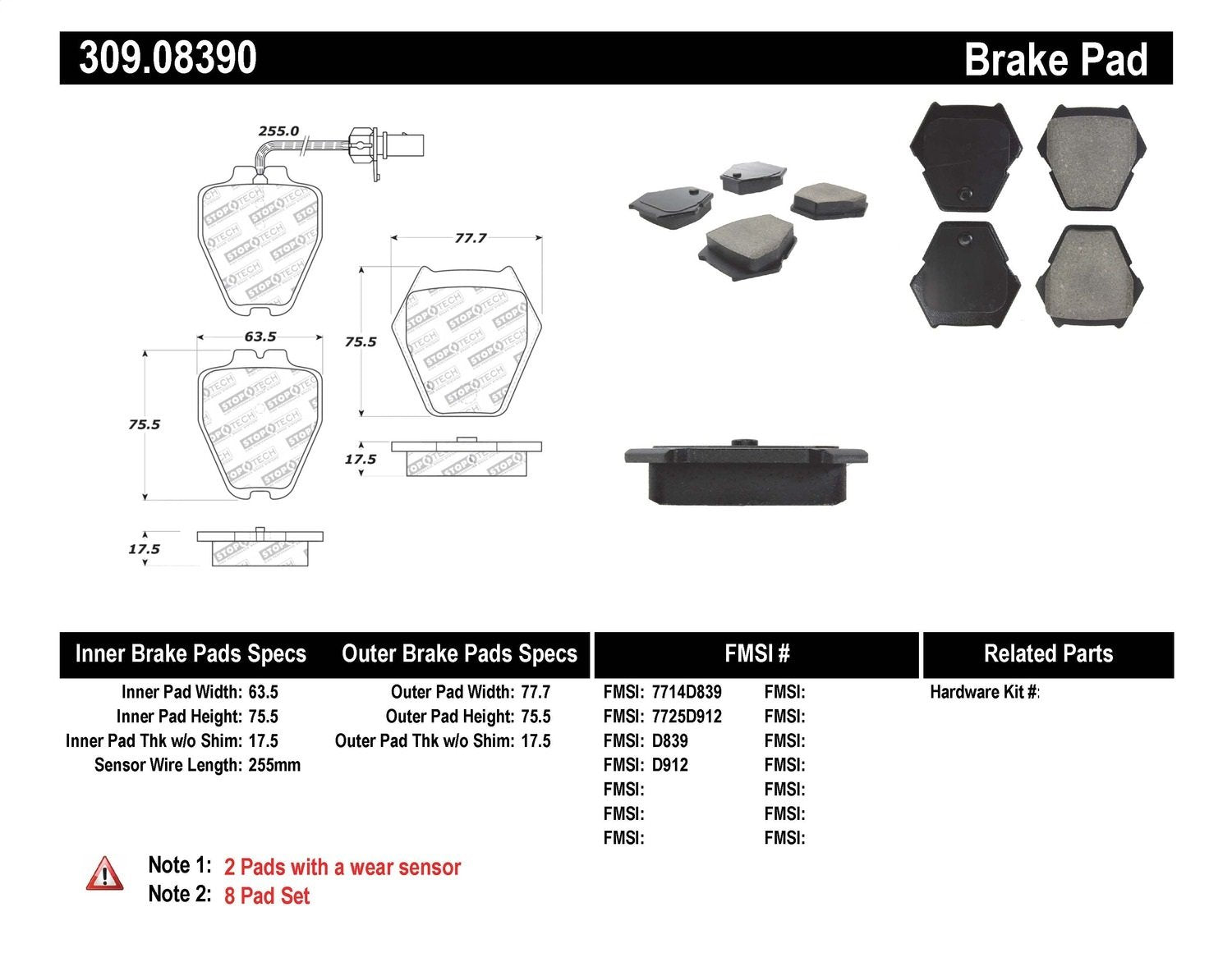 Sport Brake Pads StopTech 309.08390 with Shims and Hardware