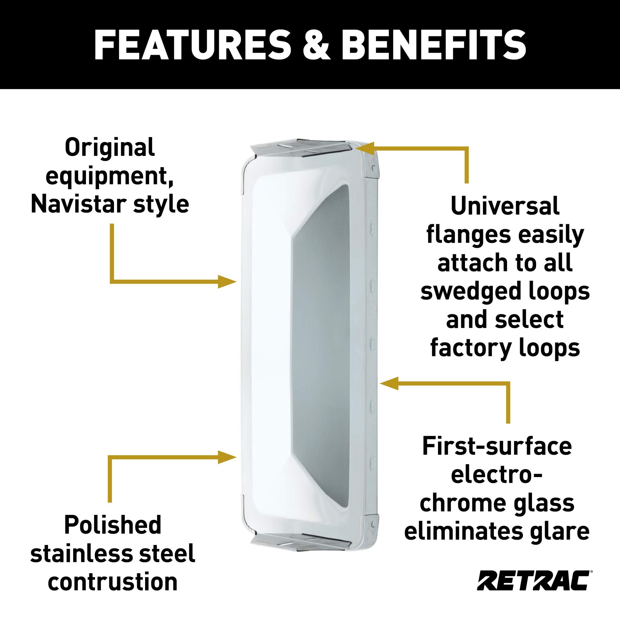 600807 RETRAC 7 x 16-Inch Stainless Steel Pyramid-Back West Coast Mirror Head, Universal Driver or Passenger Side