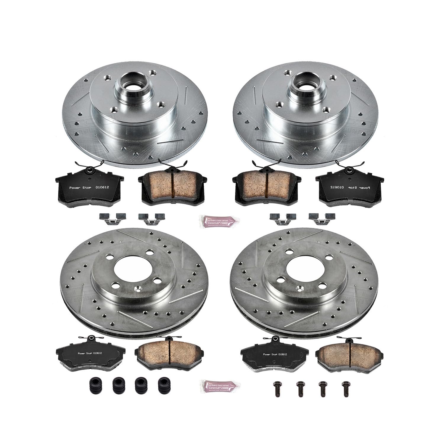 Power Stop K375 Z23 Carbon Fiber Brake Pads Front and Rear with Drilled & Slotted Brake Rotors Kit For VW Cabrio, VW Golf, VW Golf, VW Jetta, VW Jetta, VW Passat [Model Specific]