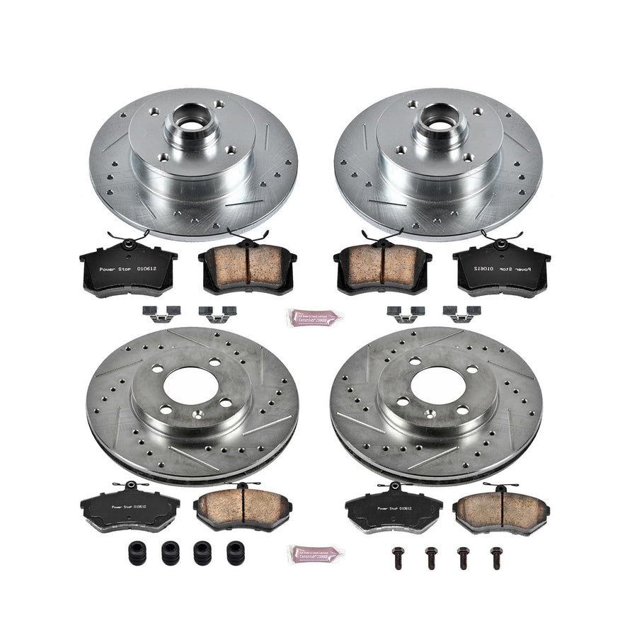 Power Stop K375 Z23 Carbon Fiber Brake Pads Front and Rear with Drilled & Slotted Brake Rotors Kit For VW Cabrio, VW Golf, VW Golf, VW Jetta, VW Jetta, VW Passat [Model Specific]