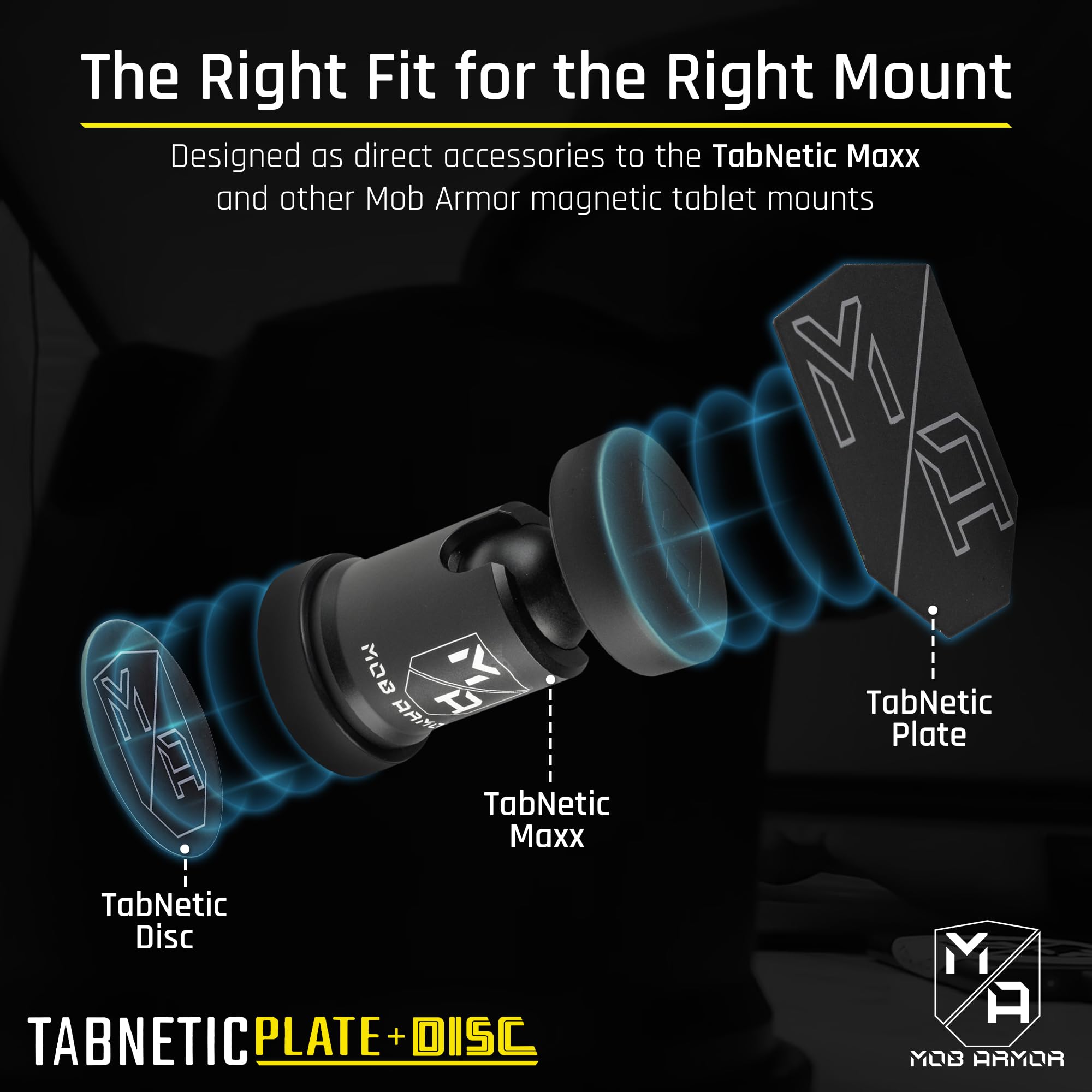 TabNetic Mob Armor Combo Pack - Magnetic Tablet Mounting Solution with Heavy Duty Metal Plate, Adjustable Mounting Disc and Strong 3M VHB Non-Marking Adhesive Magnet Stickers for Car Tablet Mount