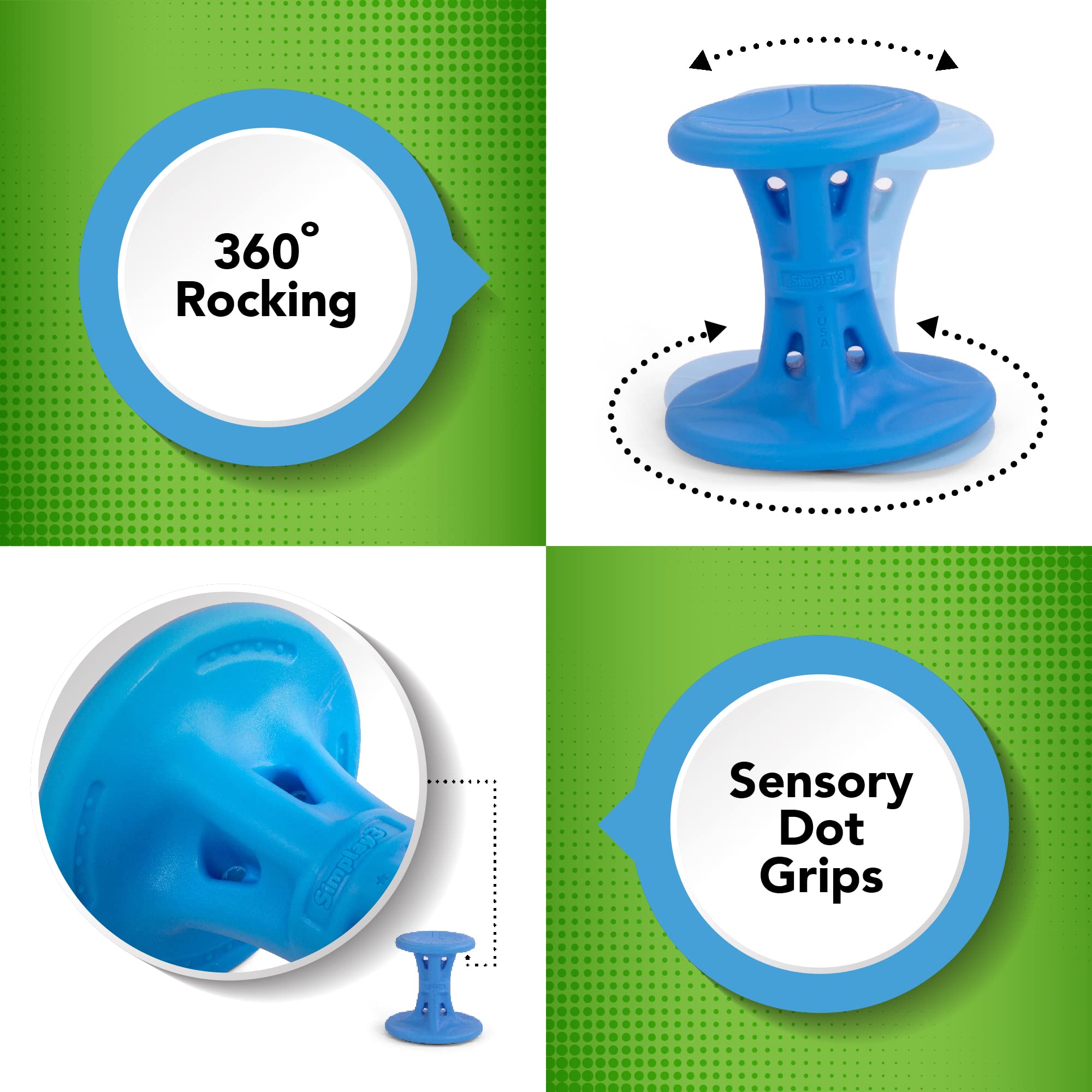 14" Simplay3 Play Around Wiggle Chairs 2-Pack, Kids Wobble Stools for Ages 5-8, Improved Focus and Attention - Blue, Made in USA