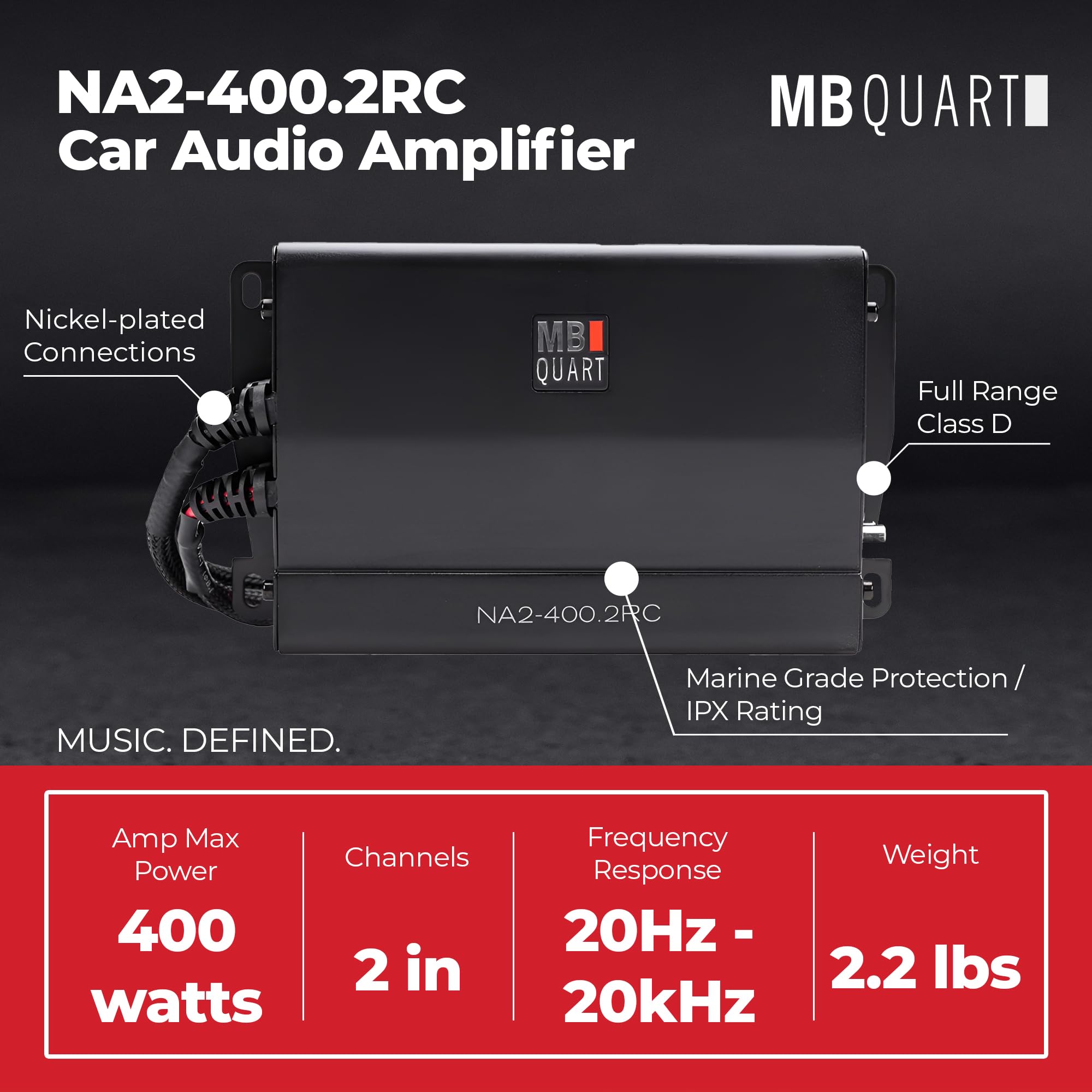 Nautic MB Quart 400W Powersports Amplifier, Marine Grade, IPX67, 2 Channel, Full Range Class D, with Quick Disconnect, NA2-400.2RC