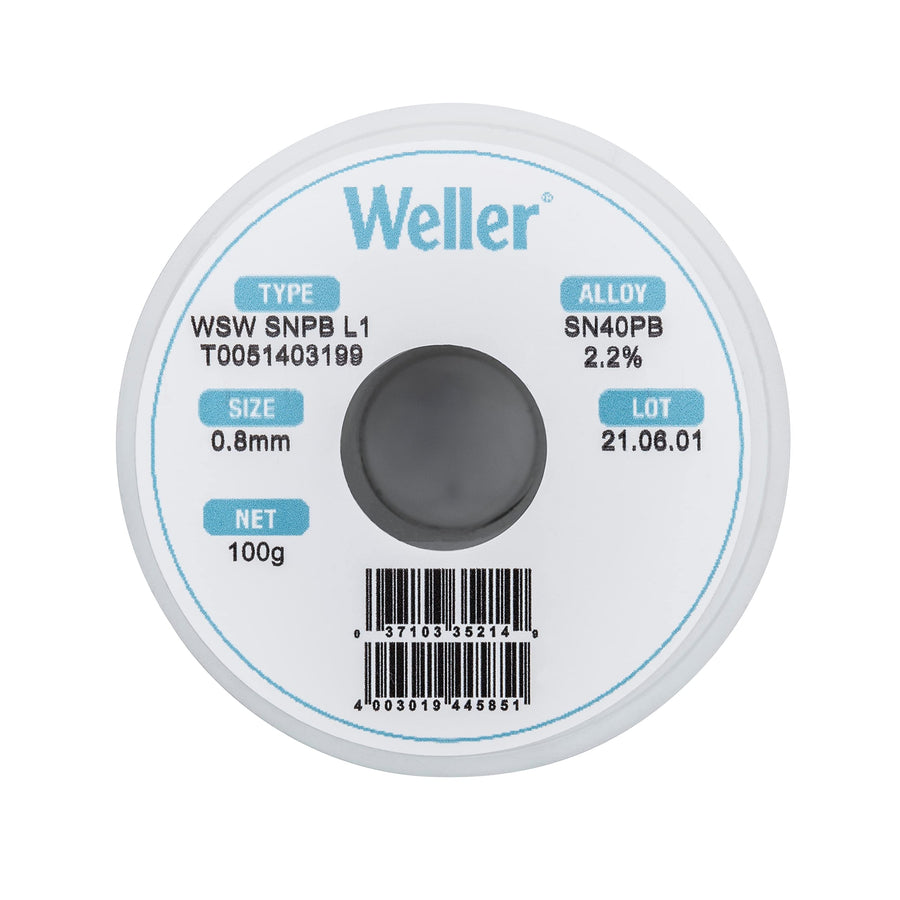 Weller SnPb WSW (T0051403199) Solder Wire, Dia: 0.8 mm / 0.039 in, Wt: 100 g / 3.527 oz, Alloy Sn60Pb40, Flux content 2.2%
