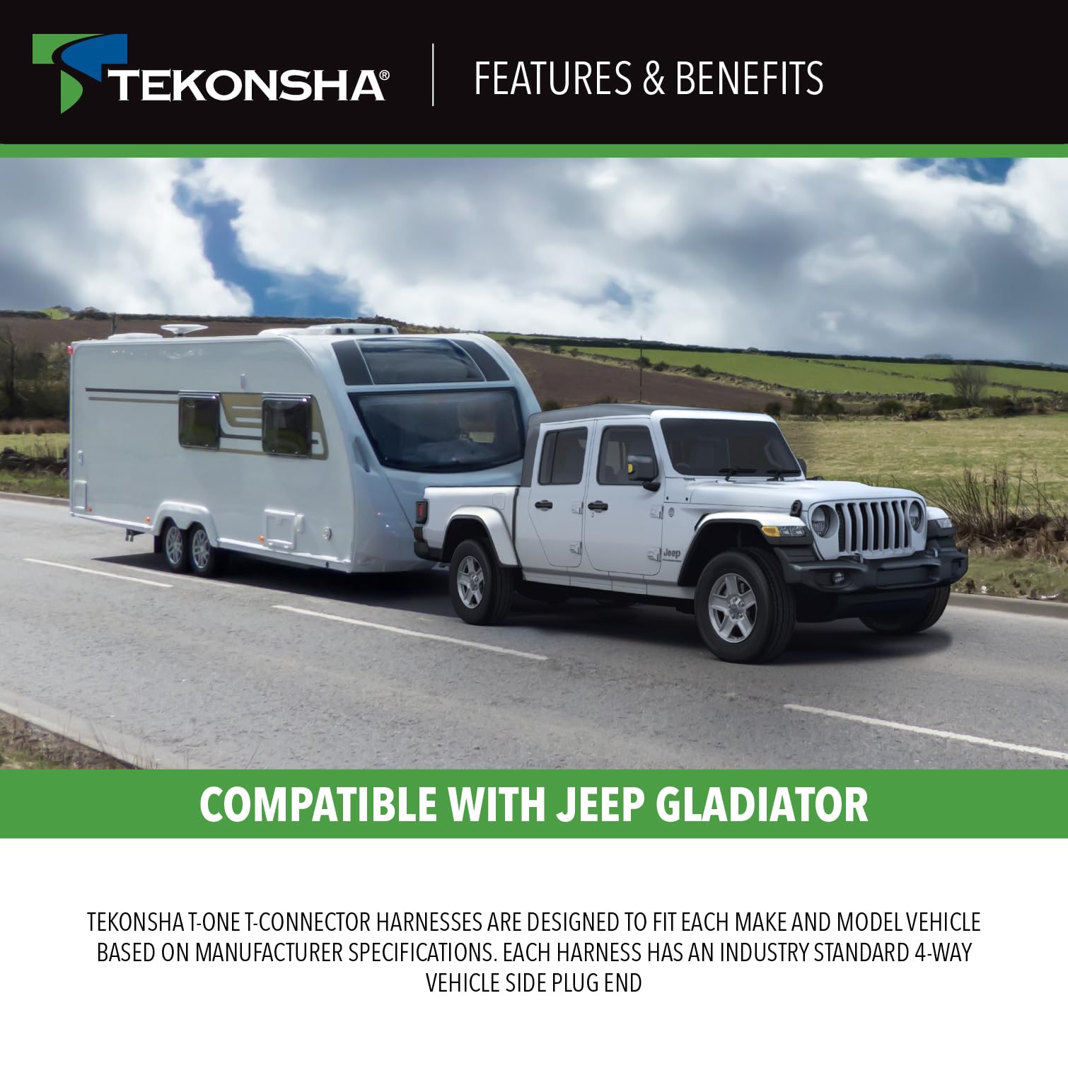 T-One® T-Connector Tekonsha Custom Harness, 4-Way Flat, w/Circuit Protected ModuLite® HD Module, Compatible with 2020-2024 Jeep Gladiator, 2018-2024 Jeep Wrangler.