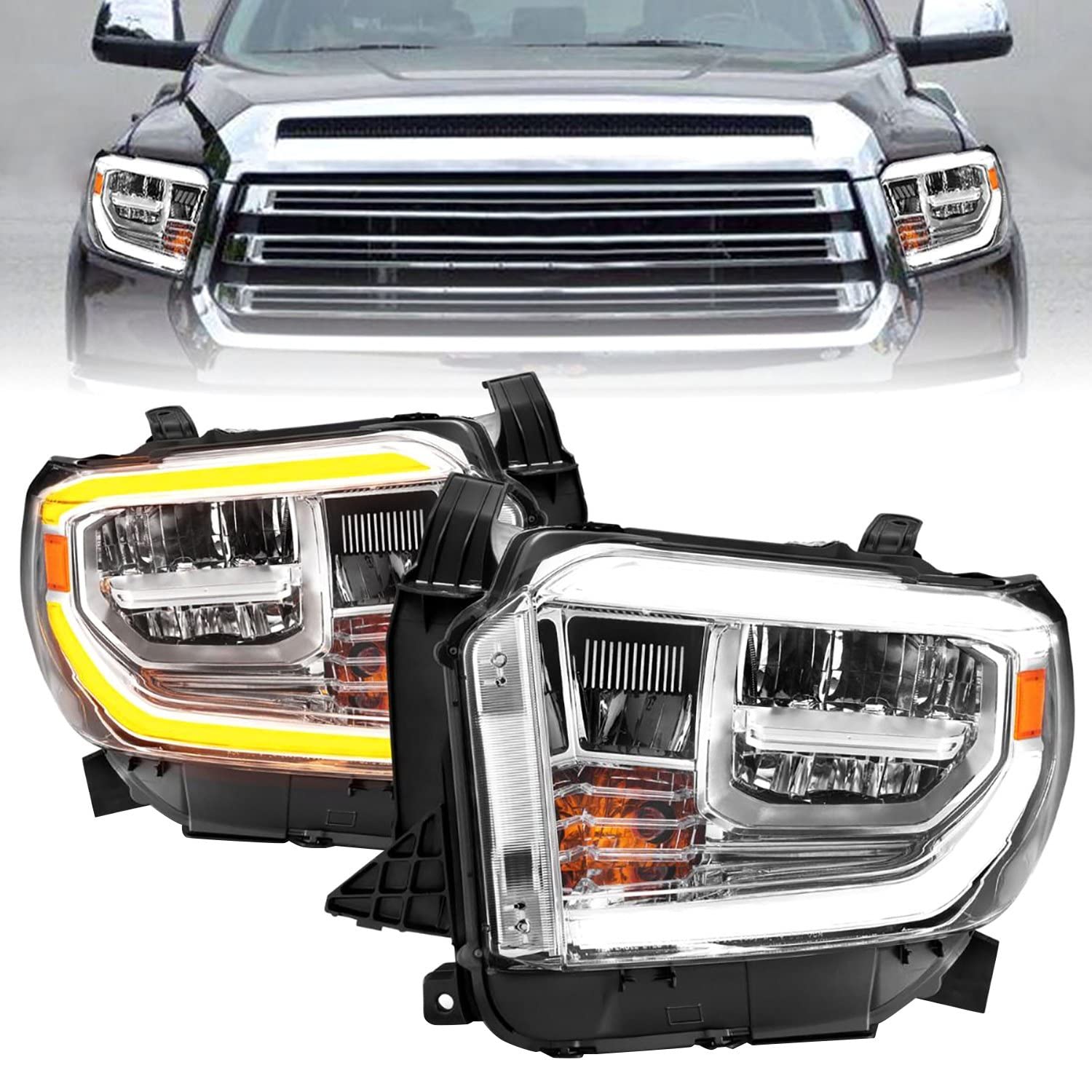 LED CRYSTAL HEADLIGHTS TOYOTA TUNDRA 14-21 SWITCHBACK PLANK STYLE CHROME (LED HIGH/LOW BEAM) (FOR OEM HALOGEN MODEL W/LED DRL)
