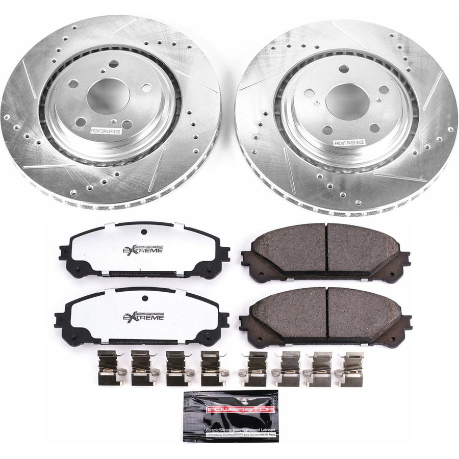 Power Stop Front Brake Kit For 2015 2016 2017 Lexus NX300 2018 2019 2020 2021 Lexus NX200t - Truck & Tow Carbon Fiber Ceramic Brake Pads & Drilled and Slotted Rotors Replacement, K4713-36