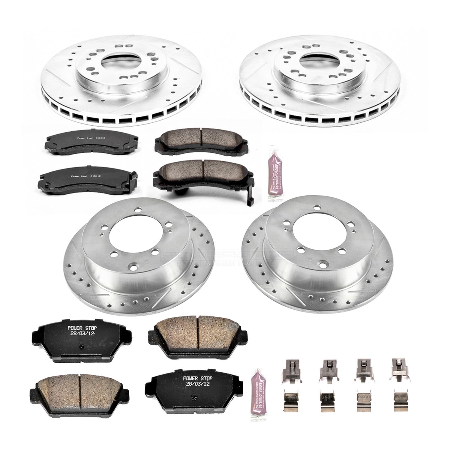 Power Stop K799 Z23 Carbon Fiber Brake Pads with Front and Rear Drilled & Slotted Brake Rotors Kit