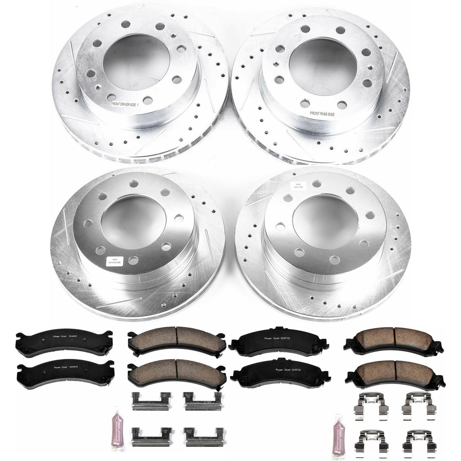 Power Stop K4454 Z23 Carbon Fiber Brake Pads Front and Rear with Drilled & Slotted Brake Rotors Kit For Chevrolet Silverado 1500 HD 2005, GMC Sierra 1500 HD 2005 [Model Specific]