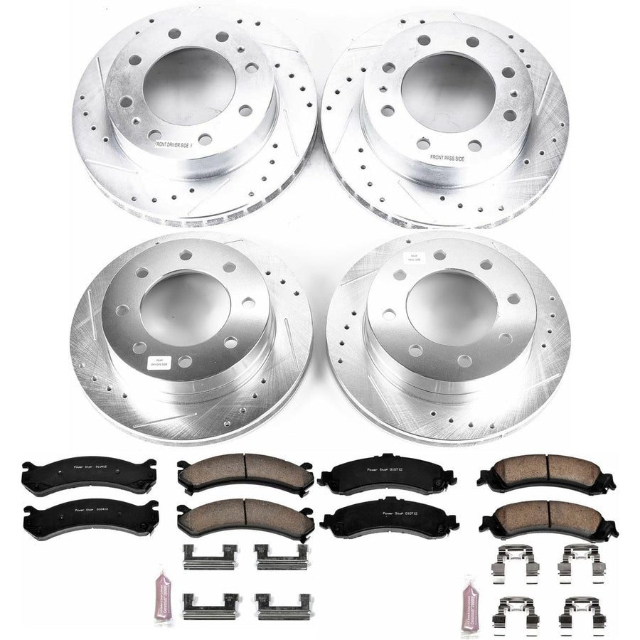 Power Stop K4454 Z23 Carbon Fiber Brake Pads Front and Rear with Drilled & Slotted Brake Rotors Kit For Chevrolet Silverado 1500 HD 2005, GMC Sierra 1500 HD 2005 [Model Specific]