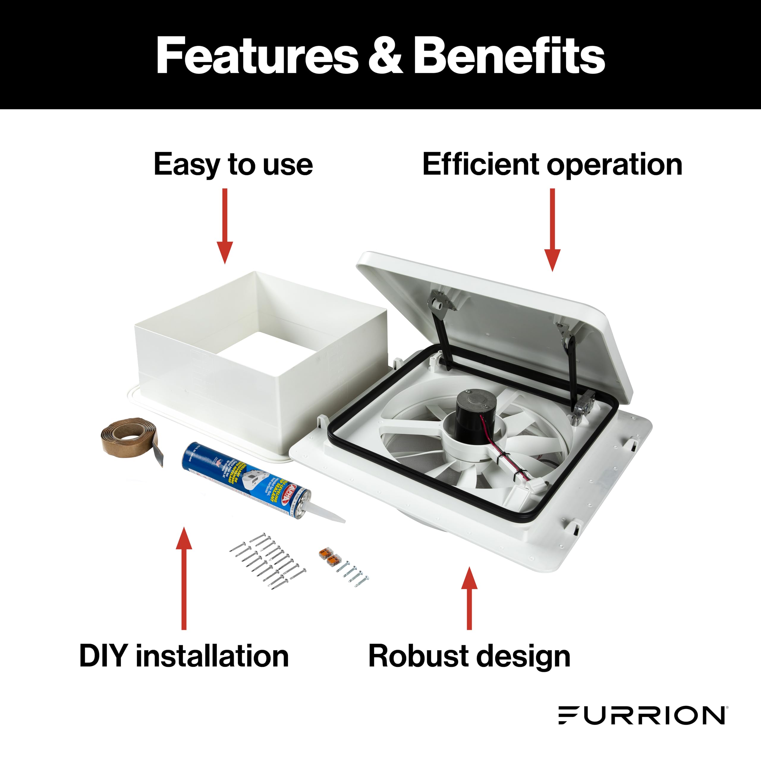 Furrion 14" RV Rooftop Vent Exhaust Fan with Lid, 10-Blade, Four Fan Speeds, Push-Button Controls, Removable Insect Screen, Flush-Mount Design for 2" to 7" Thick Roofs, White - FVF14D90R6A-PS-AM
