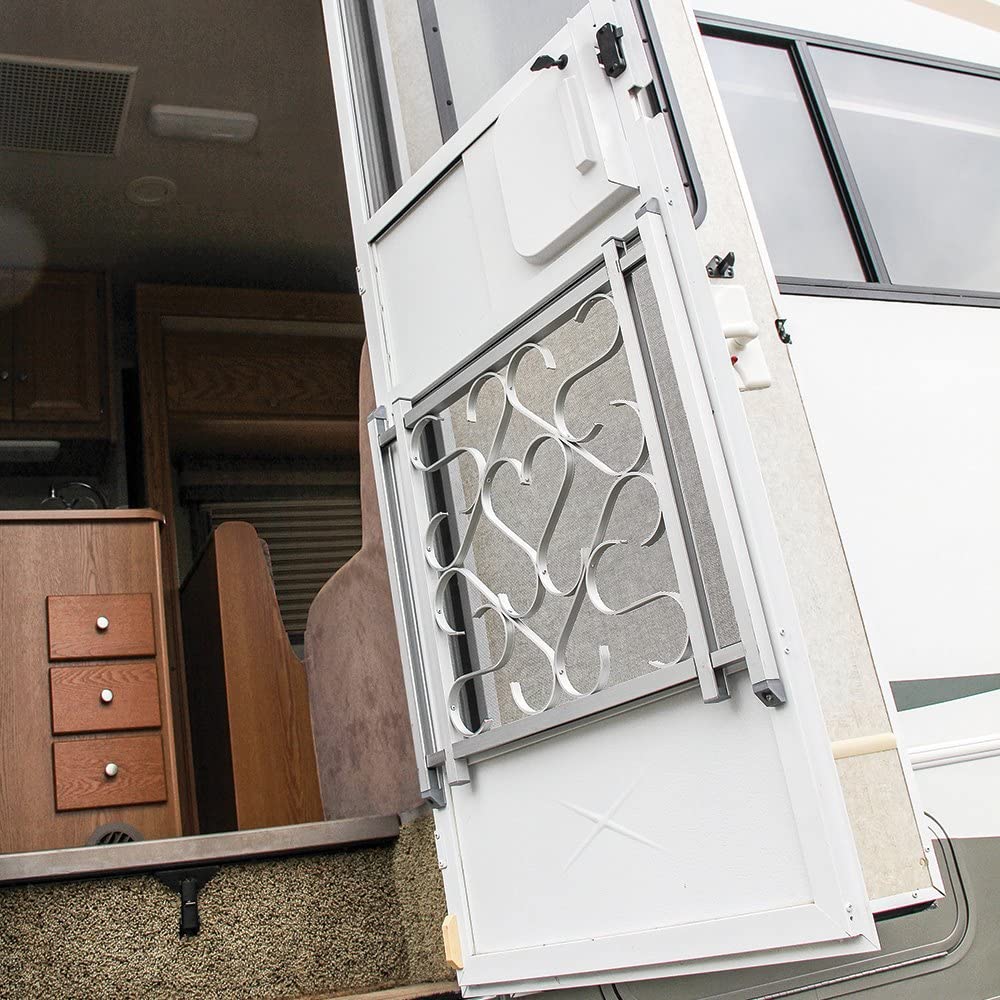 Camco RV Screen Door Grille Deluxe Aluminum | Adds a Sturdy Feel to The Door RV | Adjusts from 20-inches to 32-inches Wide | (43991)