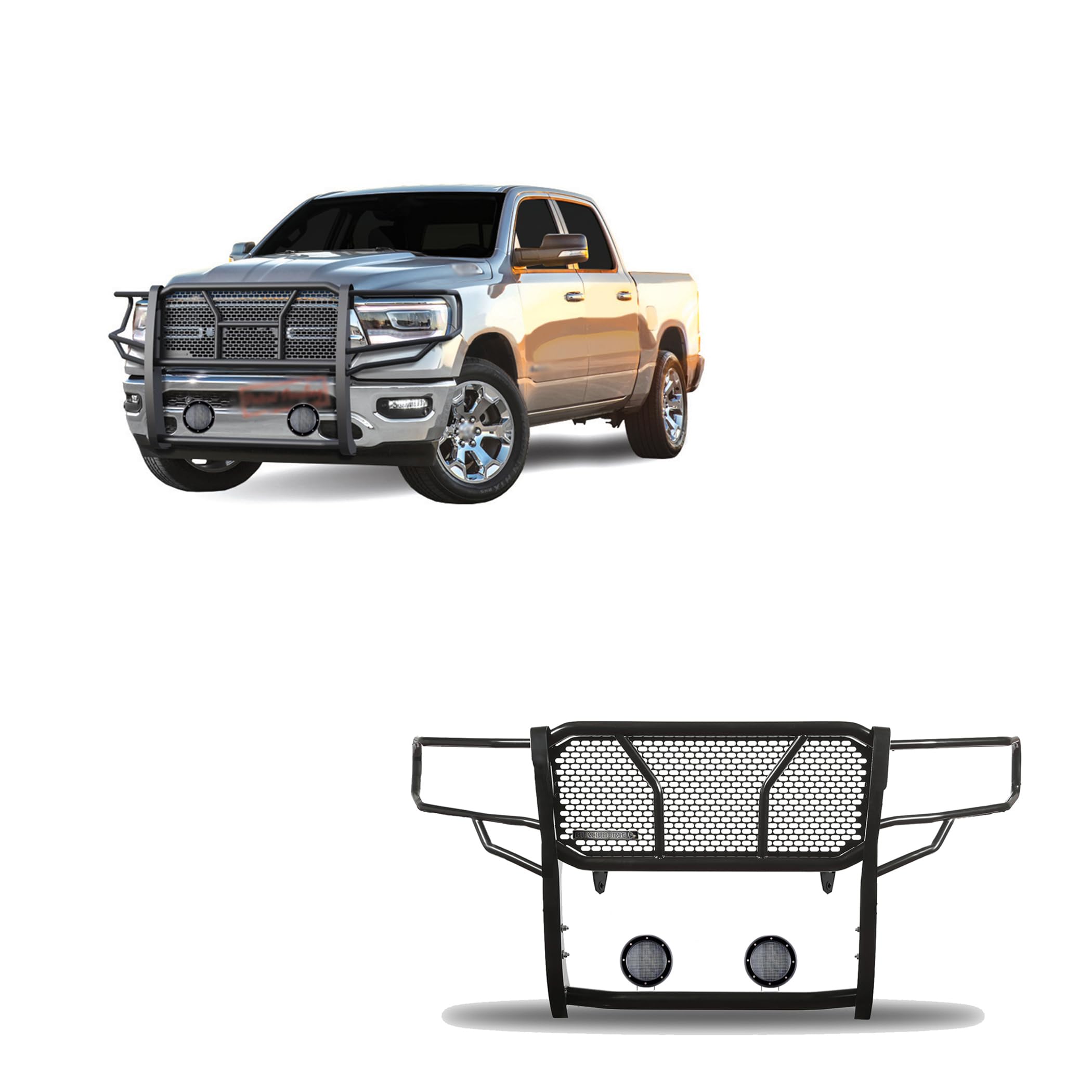 Heavy Duty Black Horse Rugged Grille Brush Bumper Guard Modular Come with Pair of 5.3" Dia.LED Lights with Black Trim Rings Compatible with 2019-2025 Ram 1500-RU-DORA19-B-PLFB