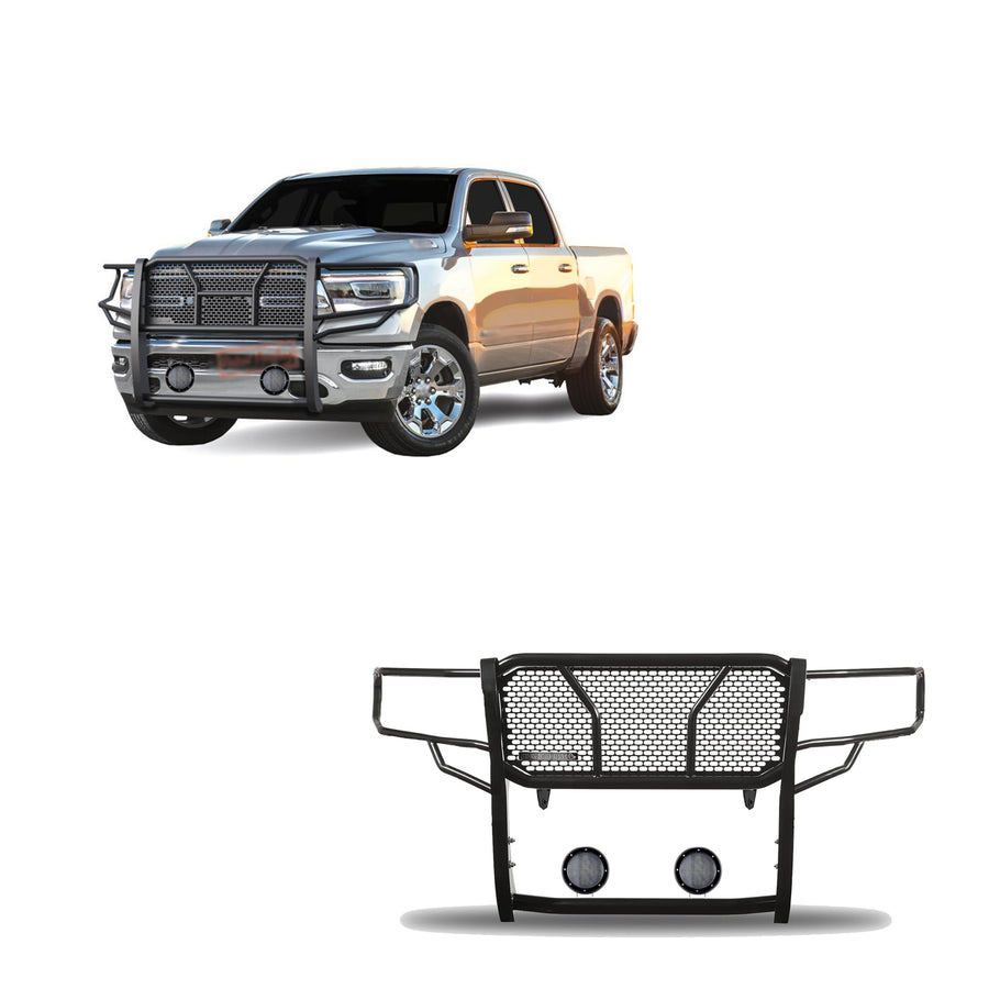 Heavy Duty Black Horse Rugged Grille Brush Bumper Guard Modular Come with Pair of 5.3" Dia.LED Lights with Black Trim Rings Compatible with 2019-2025 Ram 1500-RU-DORA19-B-PLFB
