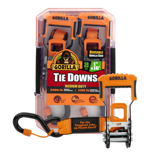 Gorilla 93001 1" x 16' Ratchet Strap with Orange Gorilla-Grip Handle 2 Pack