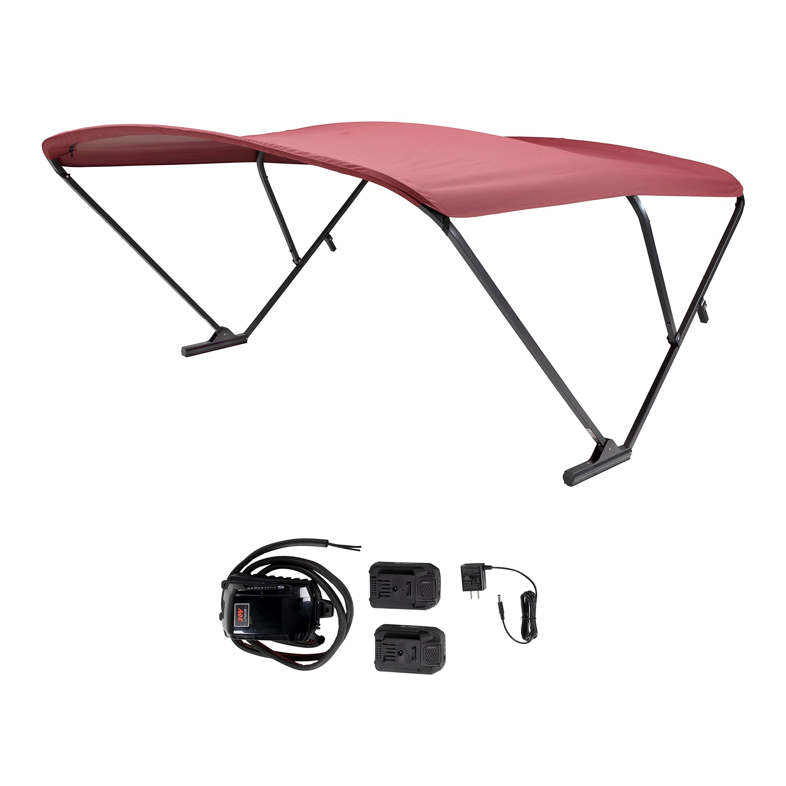 SureShade Electric Bimini Power Shade System for Pontoon Boats with Manual or No Biminis, 92-102" Wide, 20V Powered, Fade-Resistant Fabric, Black Anodized Frame, Burgundy - 2021133091
