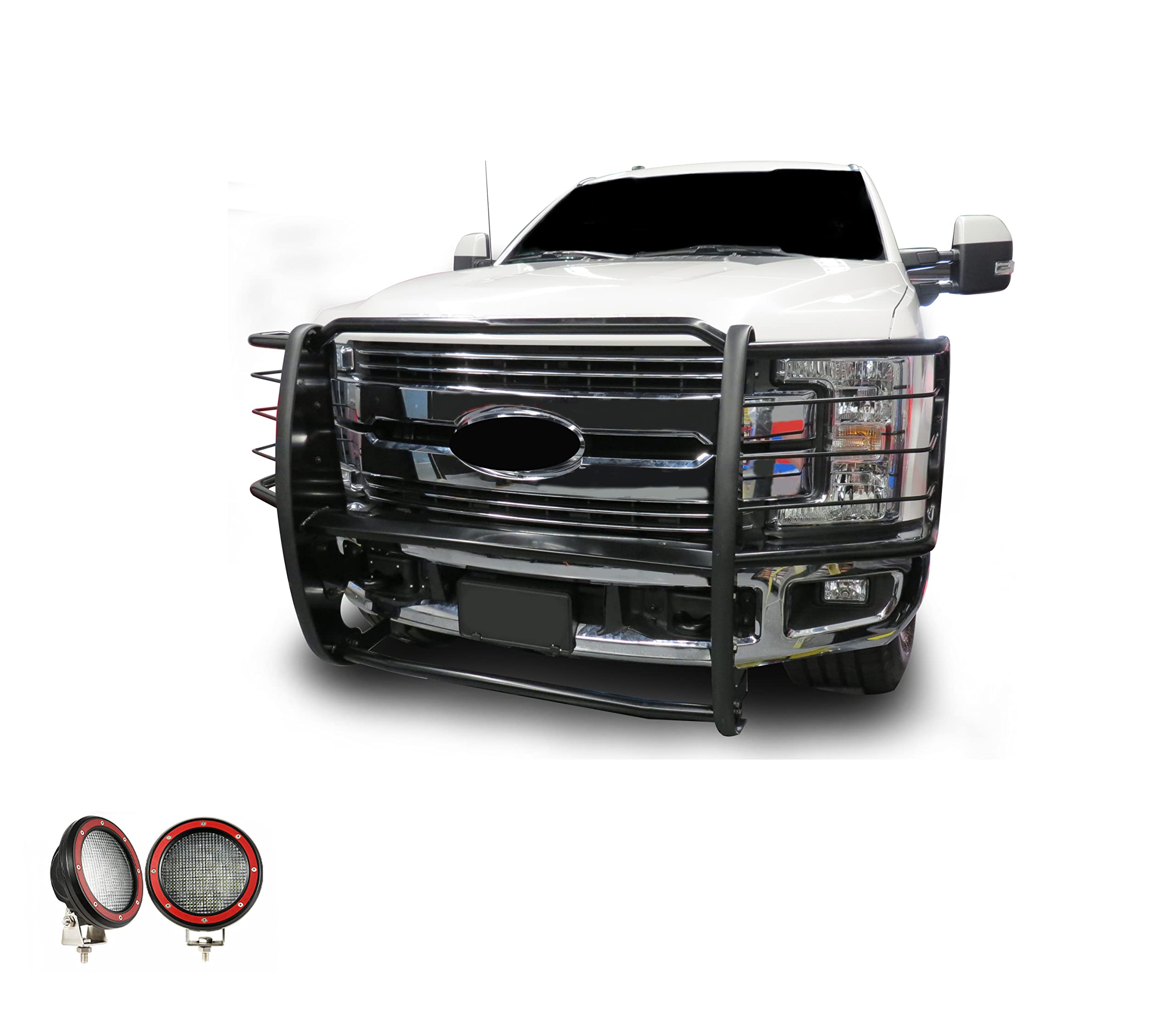 Bumper Guard Black Horse Grille brush Modular Come With Pair of 5.3"LED Lights with Red Trim Rings Compatible with 2017-2023 Ford F-250/Ford F-350/Ford F-450/Ford F-550 Super Duty-17FB28MA-PLFR